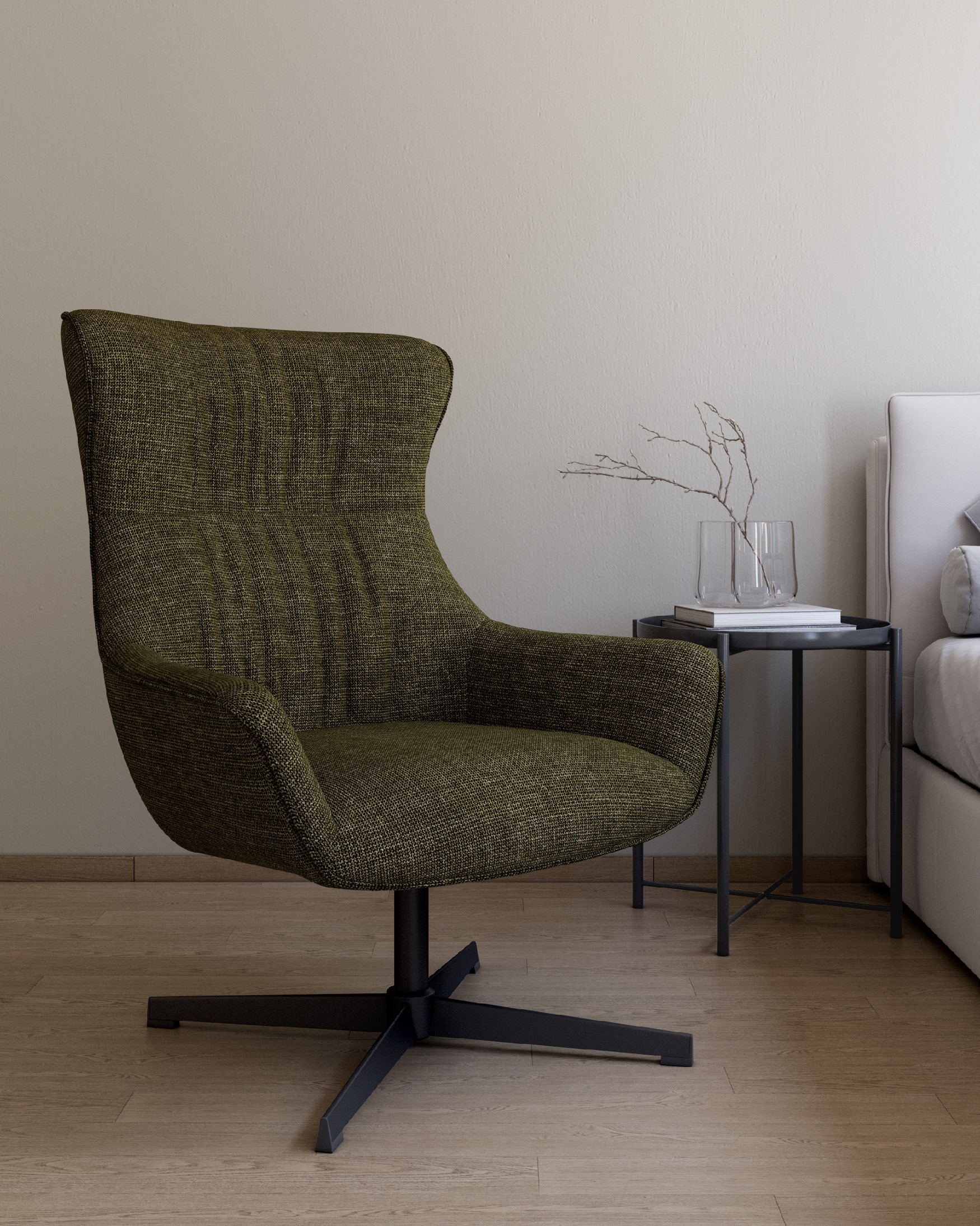 Fauteuil pivotant Tulipan avec rembourrage gris et pieds en métal noirs.