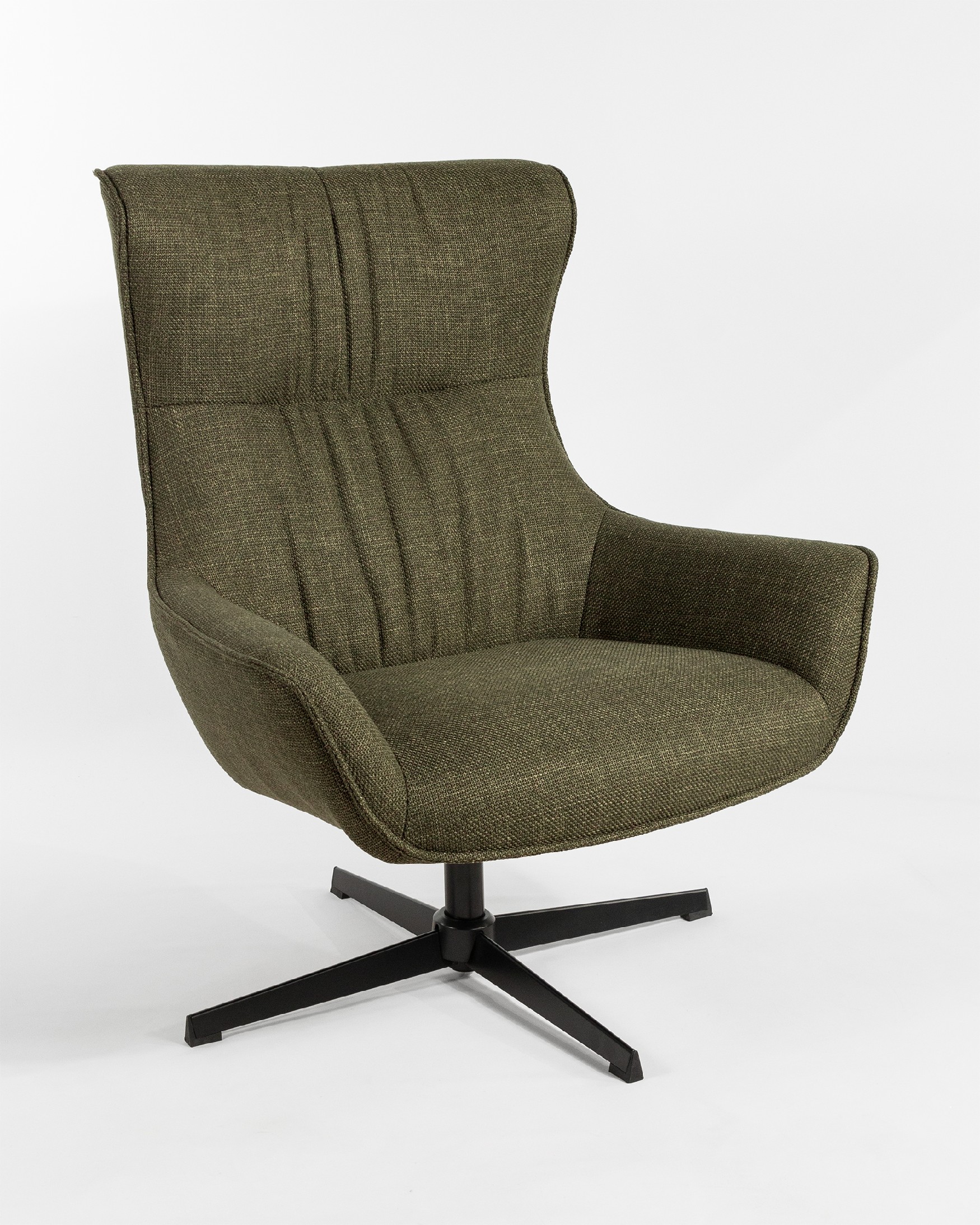 Fauteuil pivotant Tulipan avec rembourrage gris et pieds en métal noirs.