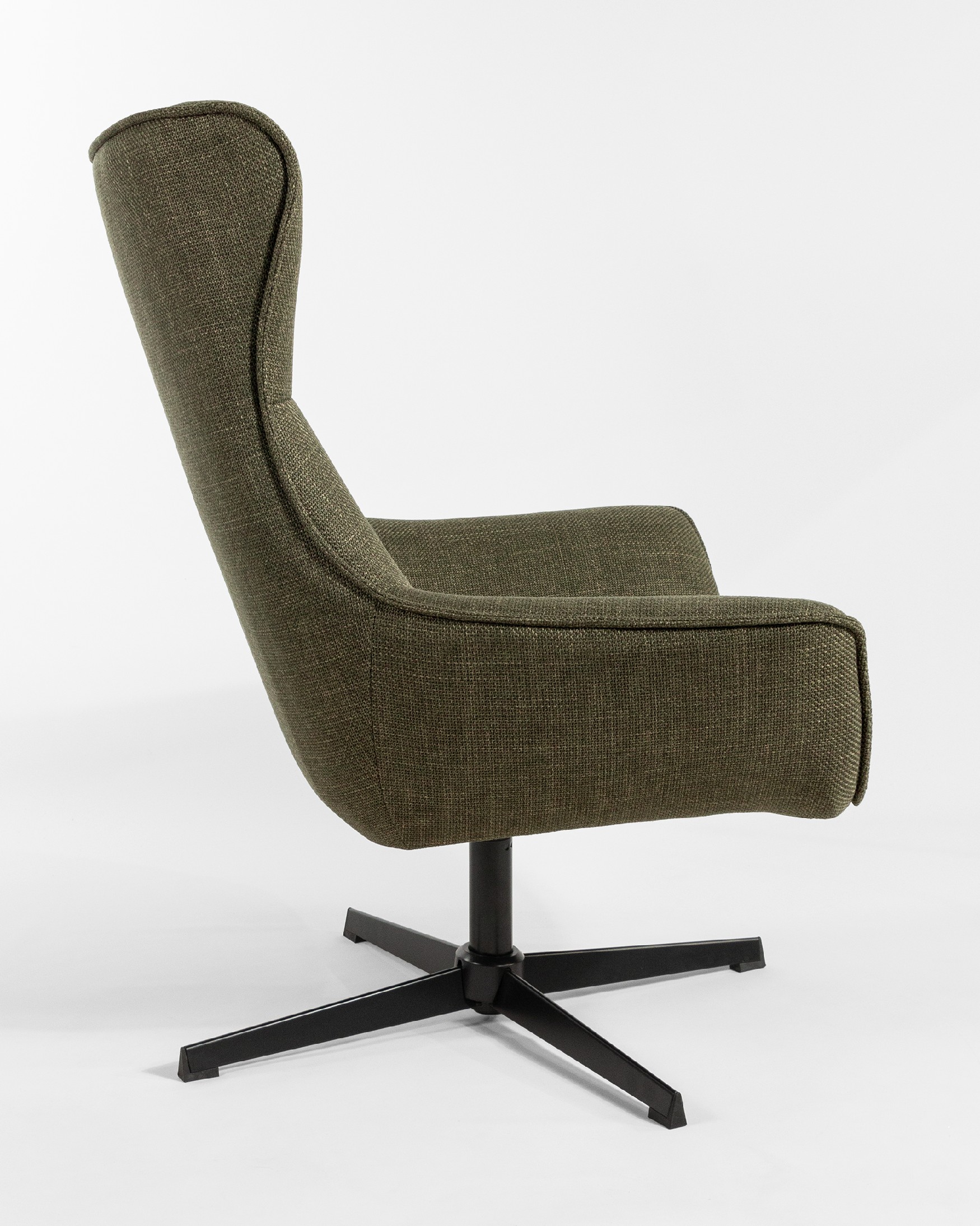 Fauteuil pivotant Tulipan avec rembourrage gris et pieds en métal noirs.