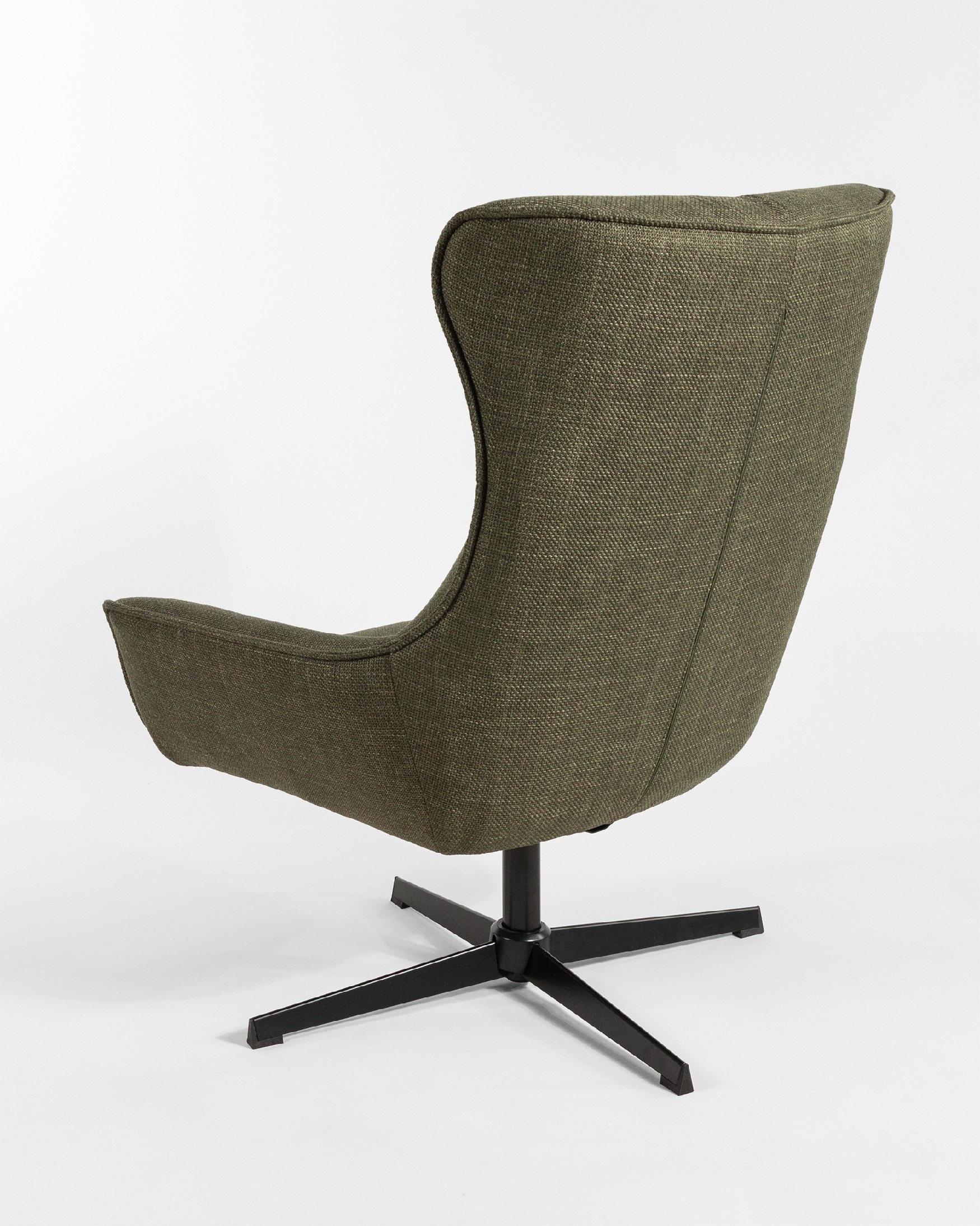 Fauteuil pivotant Tulipan avec rembourrage gris et pieds en métal noirs.