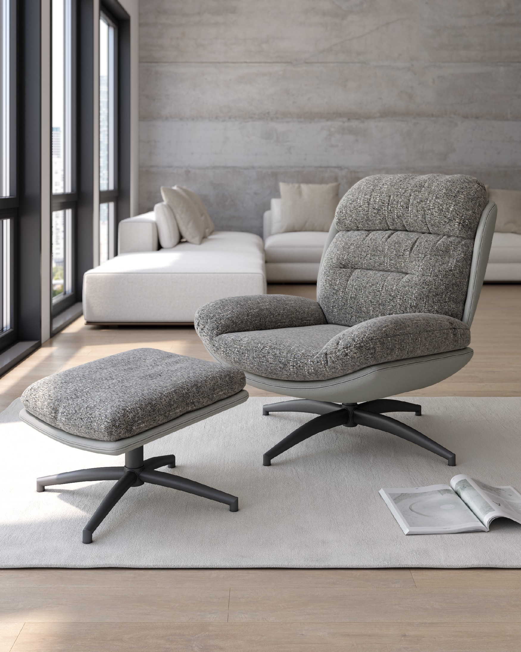 Tunia armchair with gray upholstery and cloud with black metal structure ottoman, 360° swivel rocking.