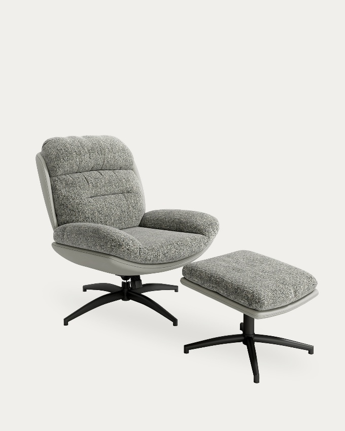 Tunia armchair with gray upholstery and cloud with black metal structure ottoman, 360° swivel rocking.