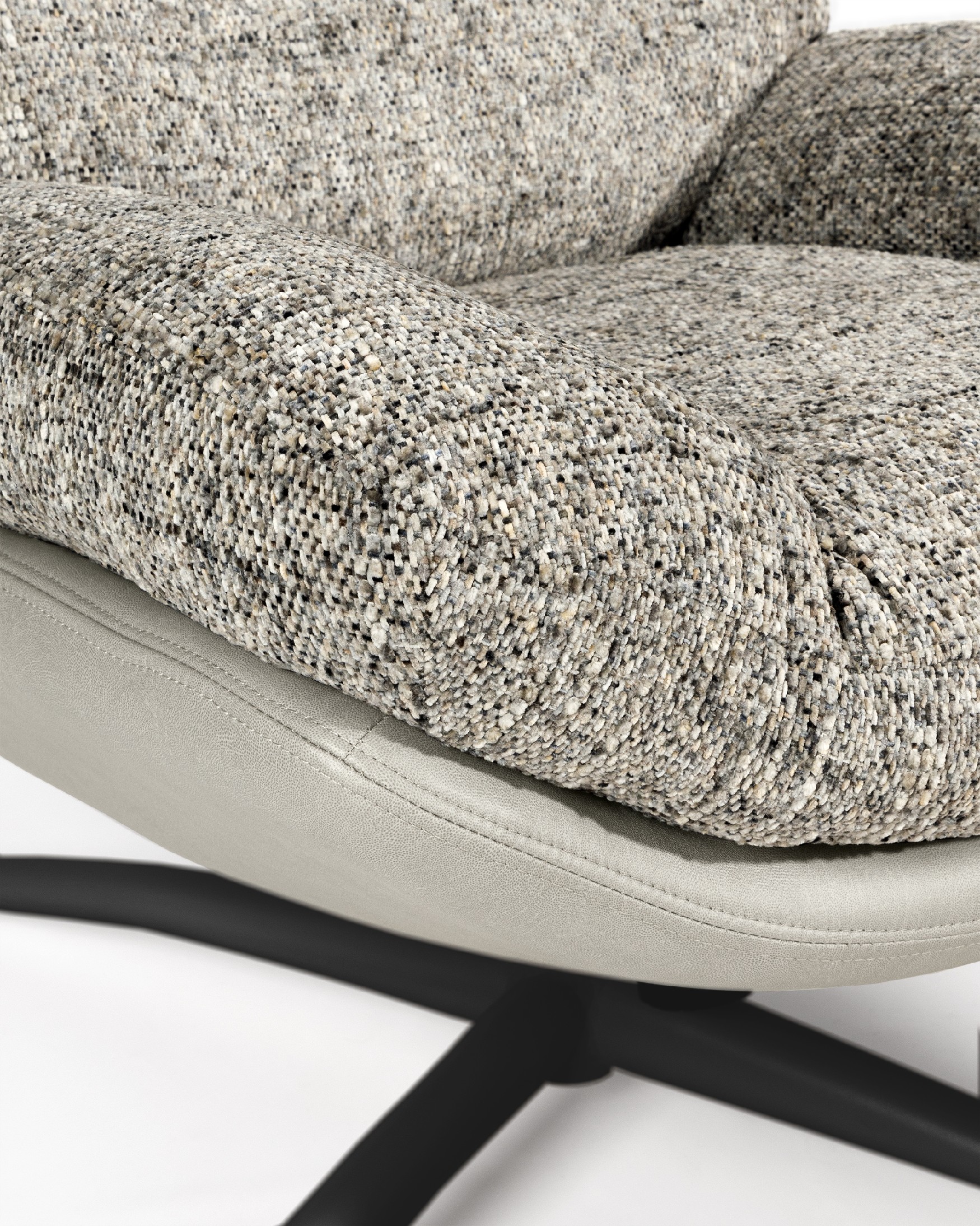 Tunia armchair with gray upholstery and cloud with black metal structure ottoman, 360° swivel rocking.