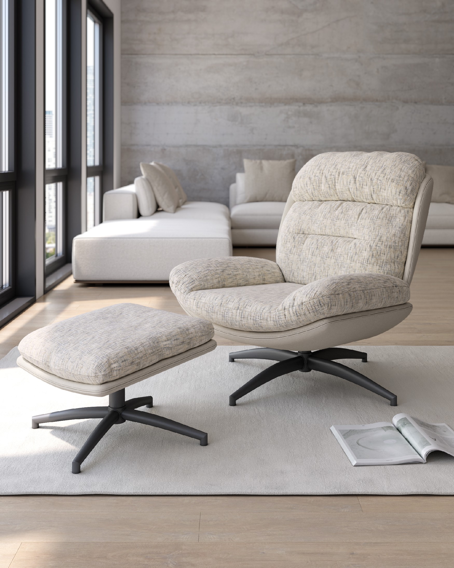 Tunia armchair with pearl and cloud upholstery and black metal frame ottoman, 360° swivel rocking.