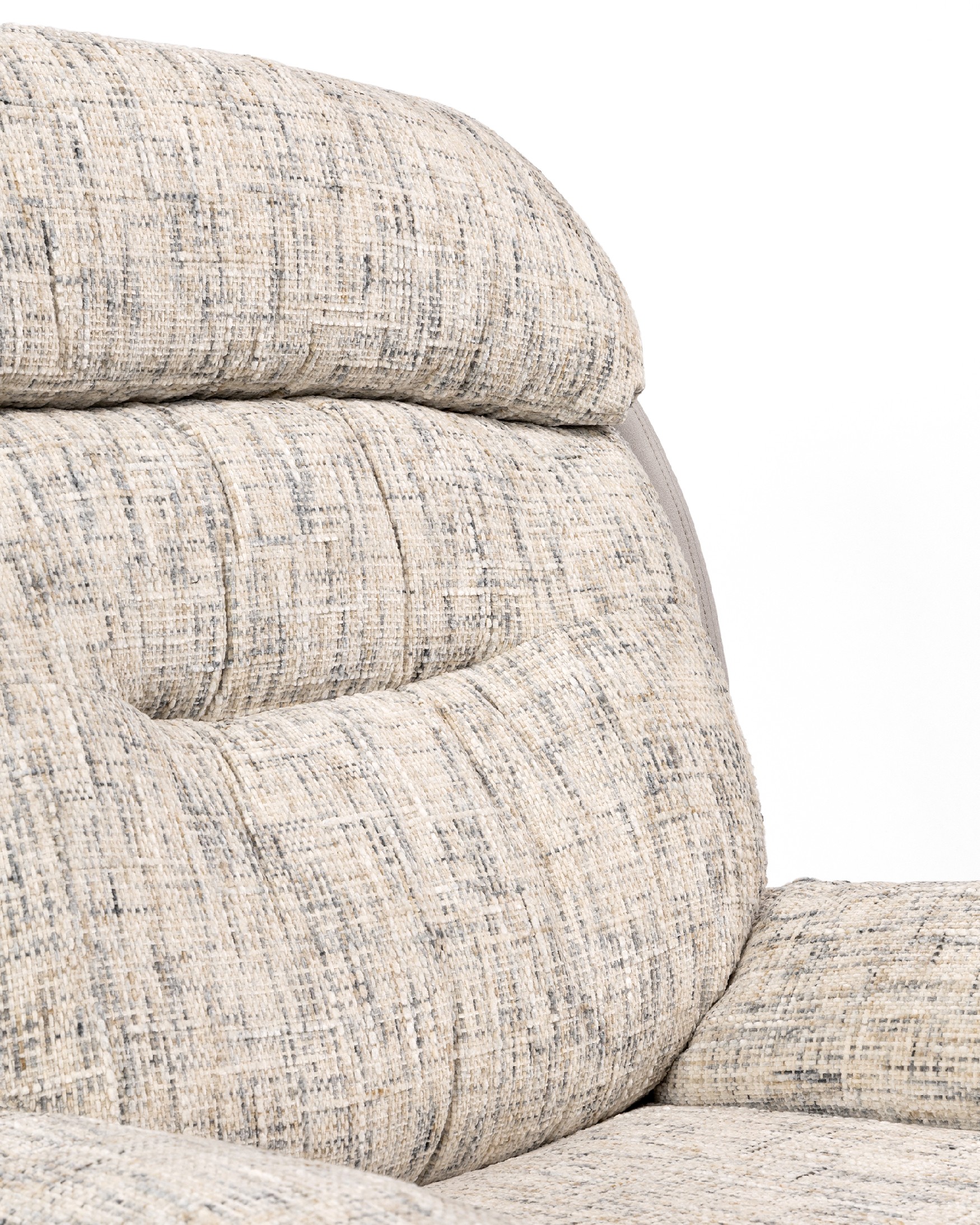 Tunia armchair with pearl and cloud upholstery and black metal frame ottoman, 360° swivel rocking.