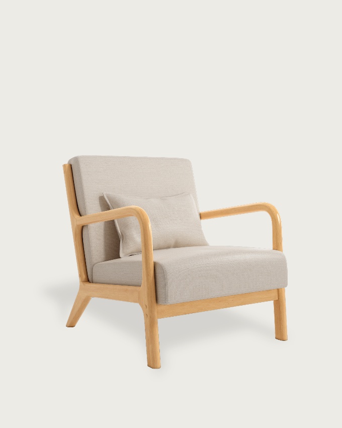 Ume armchair with mother-of-pearl upholstery and light wood finish