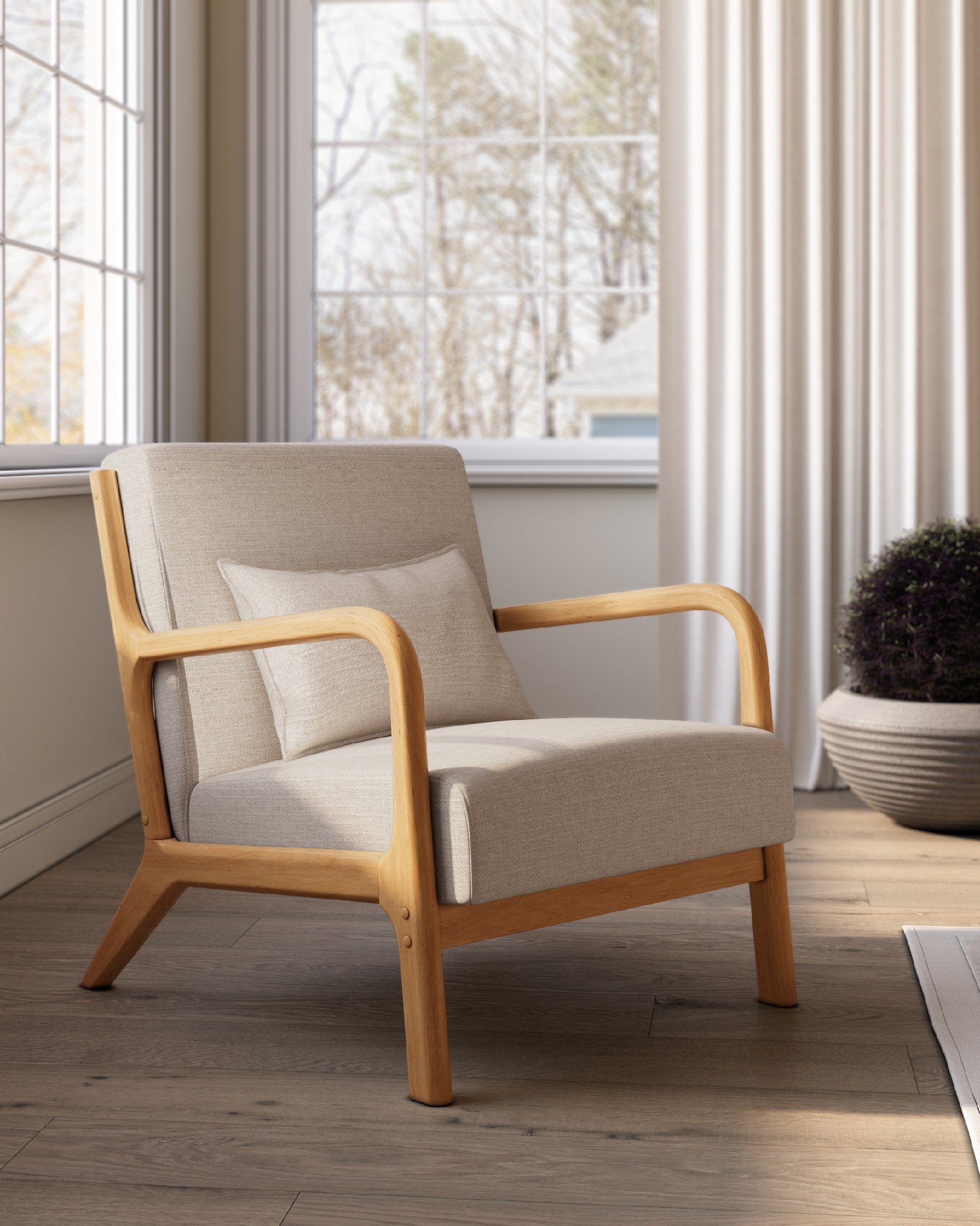 Ume armchair with mother-of-pearl upholstery and light wood finish