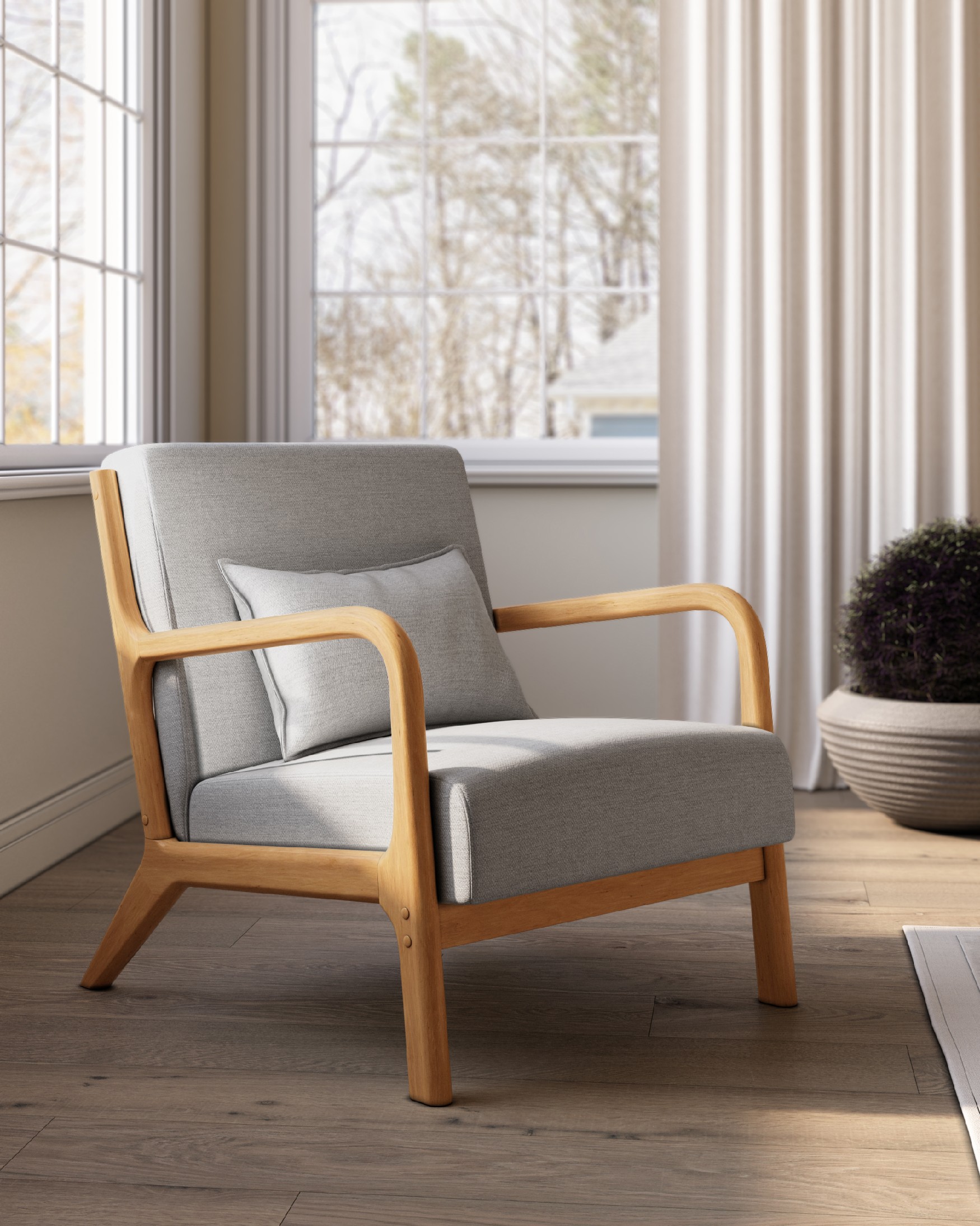 Ume armchair with pearl upholstery and light wood finish