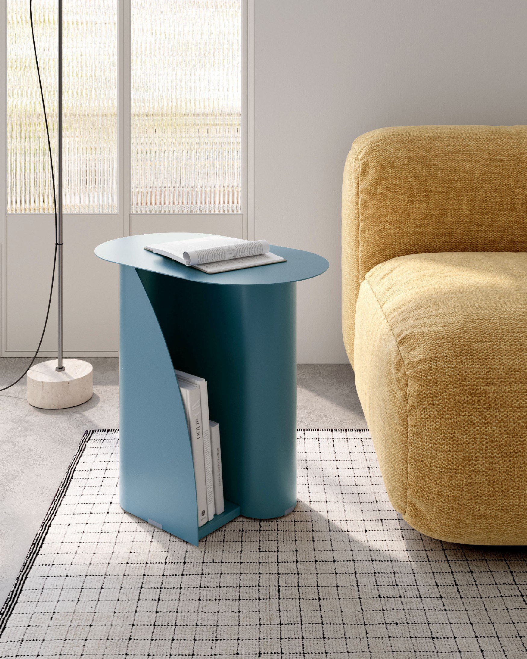 Urban oval side table in blue lacquered metal