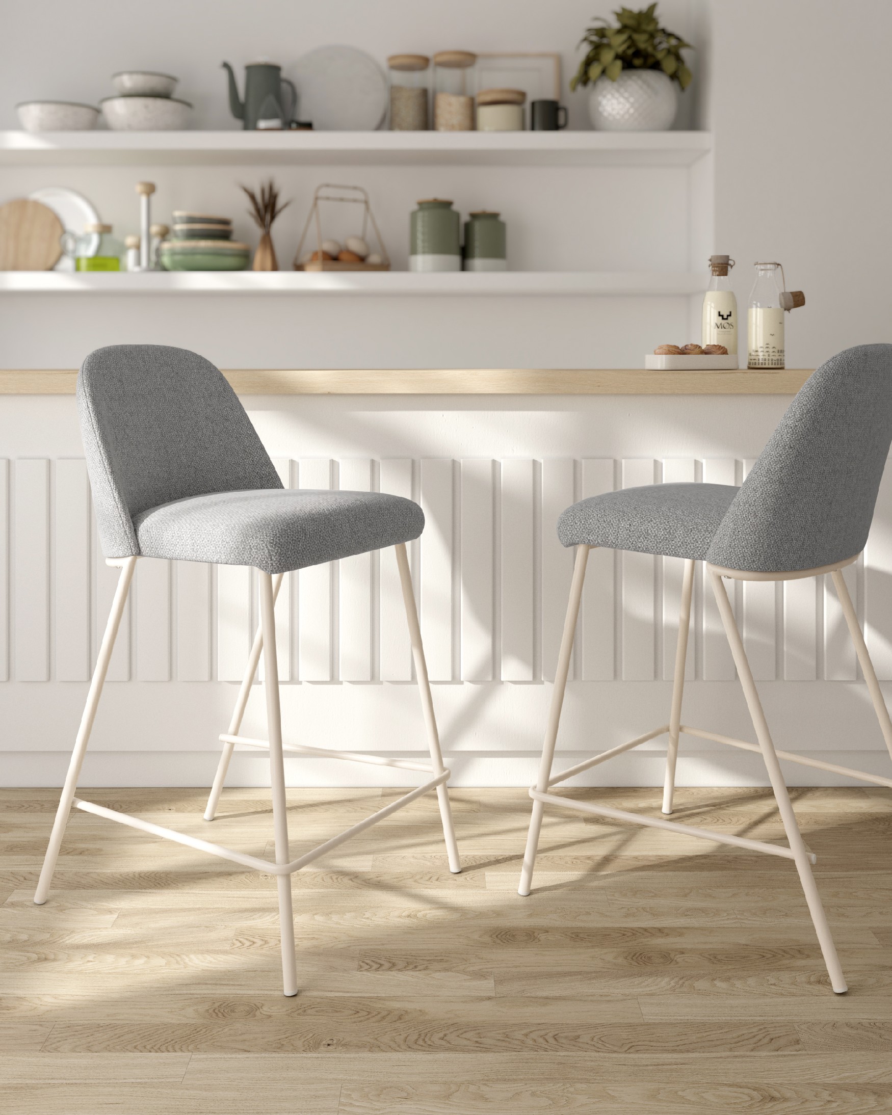 High stool 67 cm Vancouver with gray upholstery and ivory metal structure