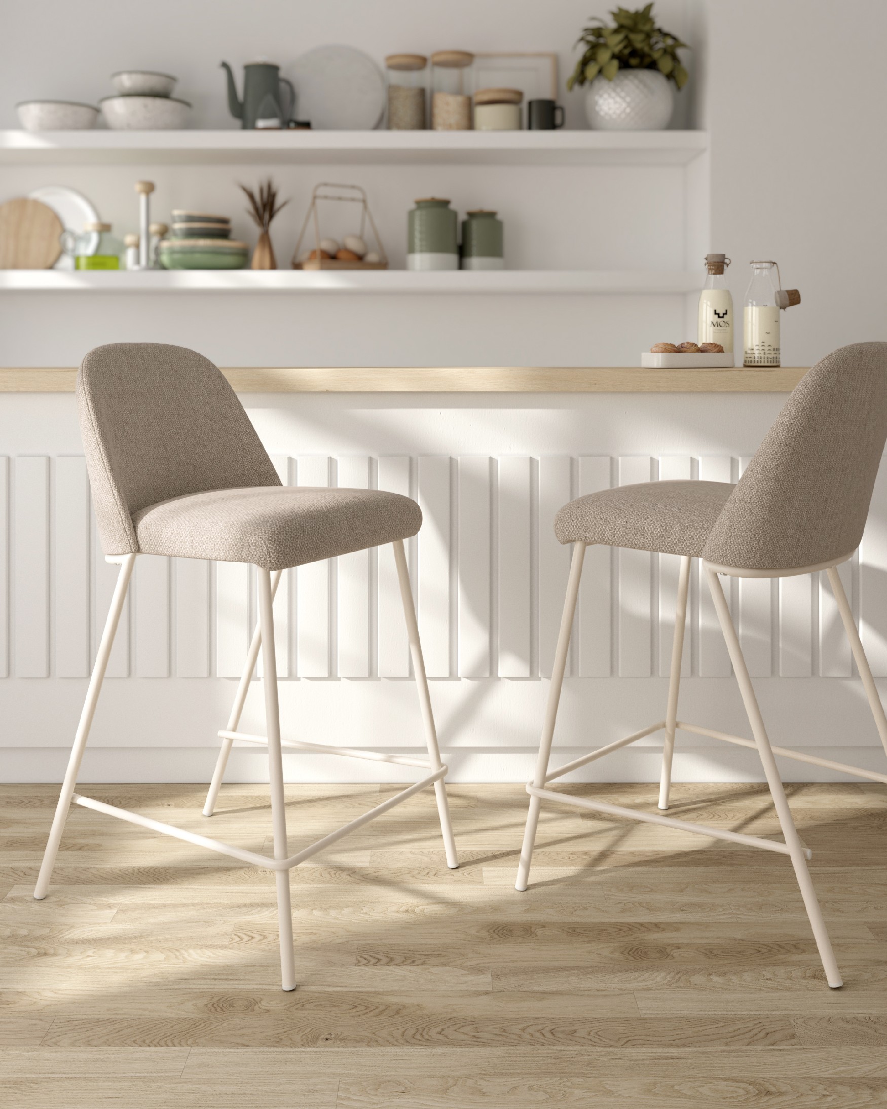 High stool 67 cm Vancouver with brown upholstery and ivory metal structure