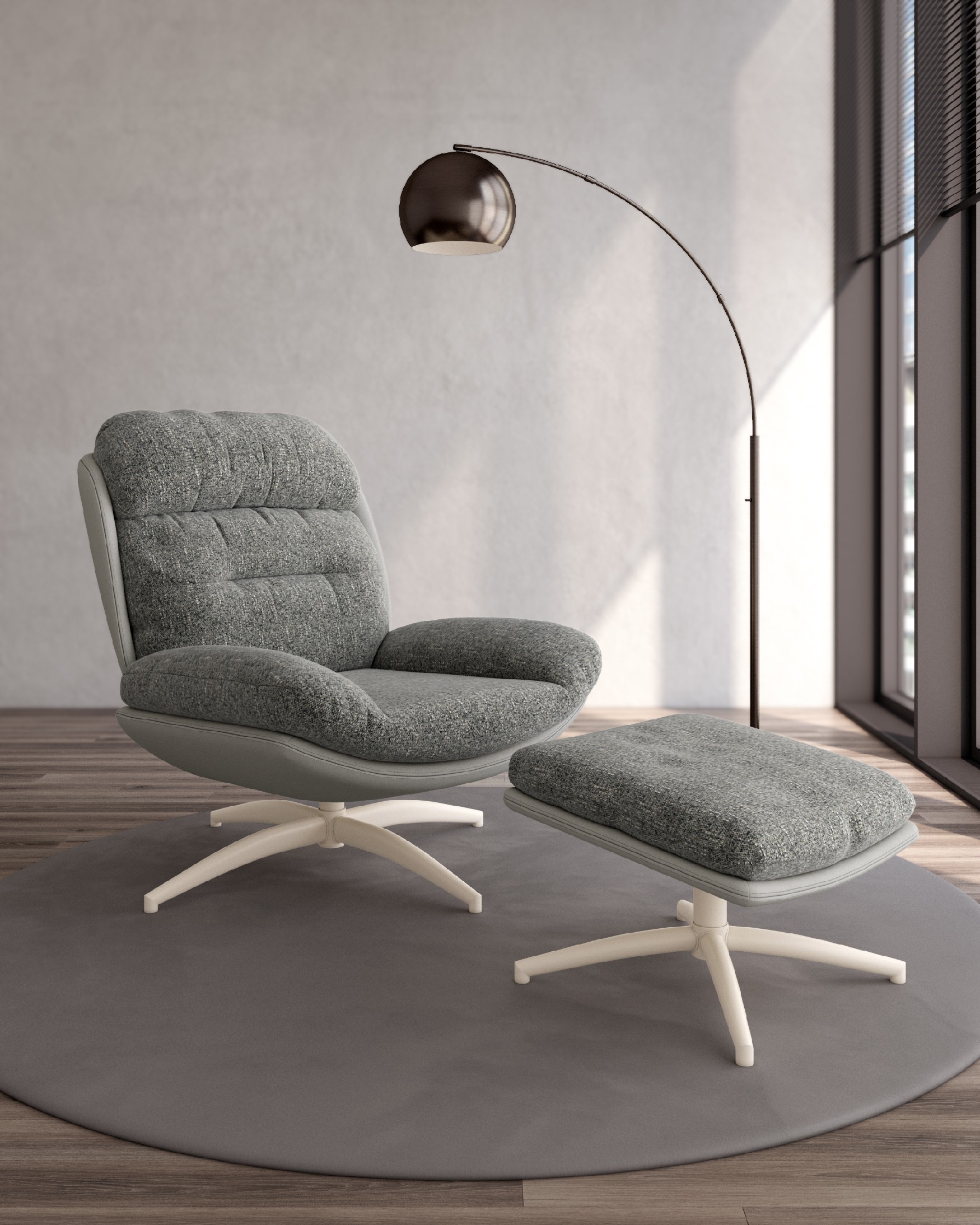 Velina armchair with gray and storm upholstery with ivory metal structure ottoman, 360° swivel rocking.