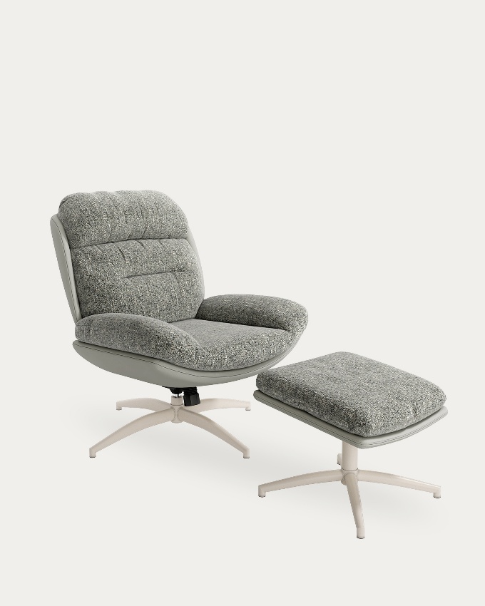 Velina armchair with gray and storm upholstery with ivory metal structure ottoman, 360° swivel rocking.