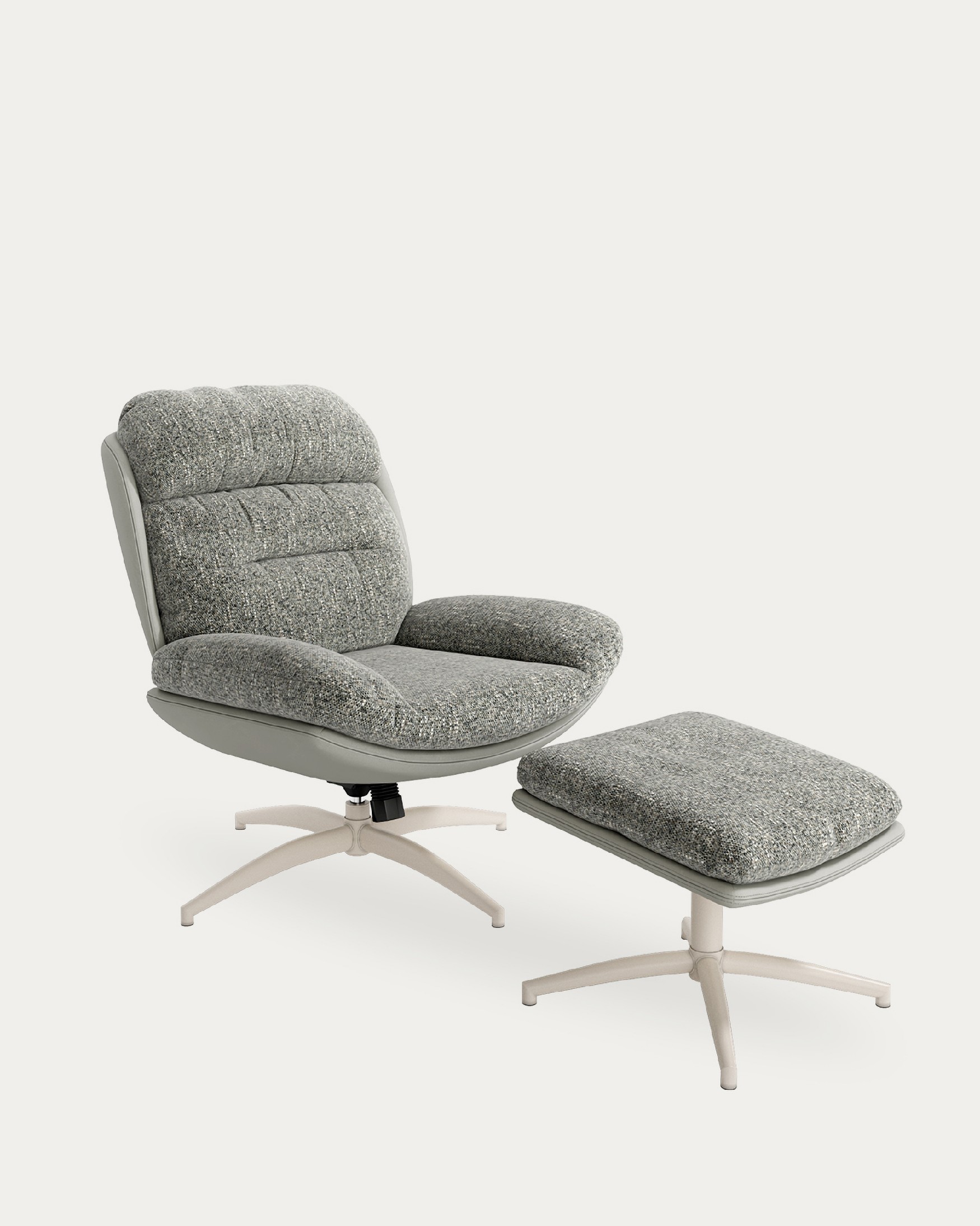Velina armchair with gray and storm upholstery with ivory metal structure ottoman, 360° swivel rocking.