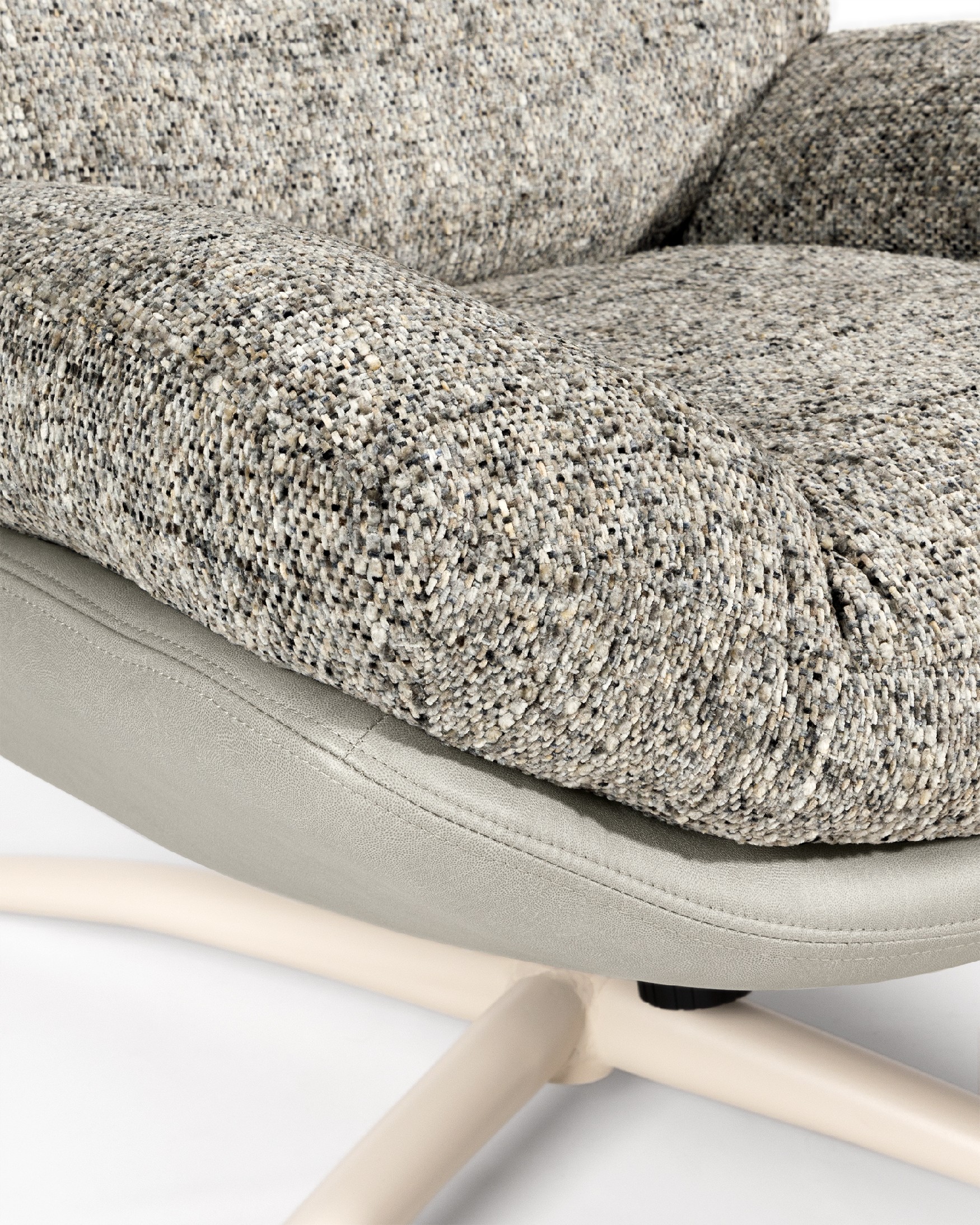 Velina armchair with gray and storm upholstery with ivory metal structure ottoman, 360° swivel rocking.