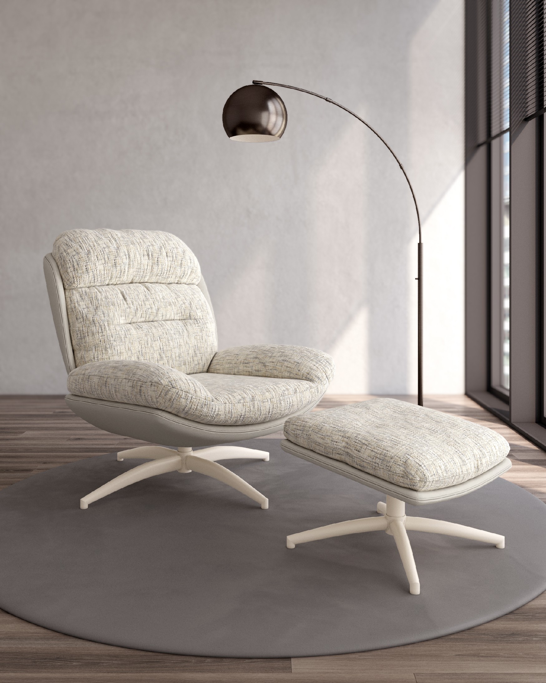 Velina armchair with pearl and cloud upholstery with ivory metal structure ottoman, 360° swivel rocking.