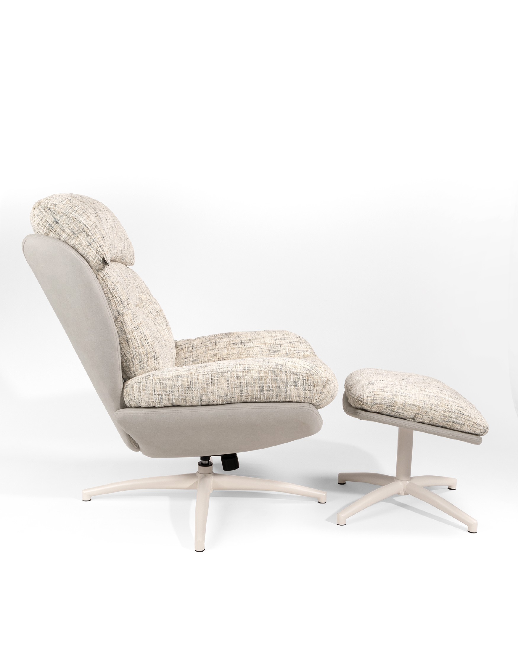 Velina armchair with pearl and cloud upholstery with ivory metal structure ottoman, 360° swivel rocking.