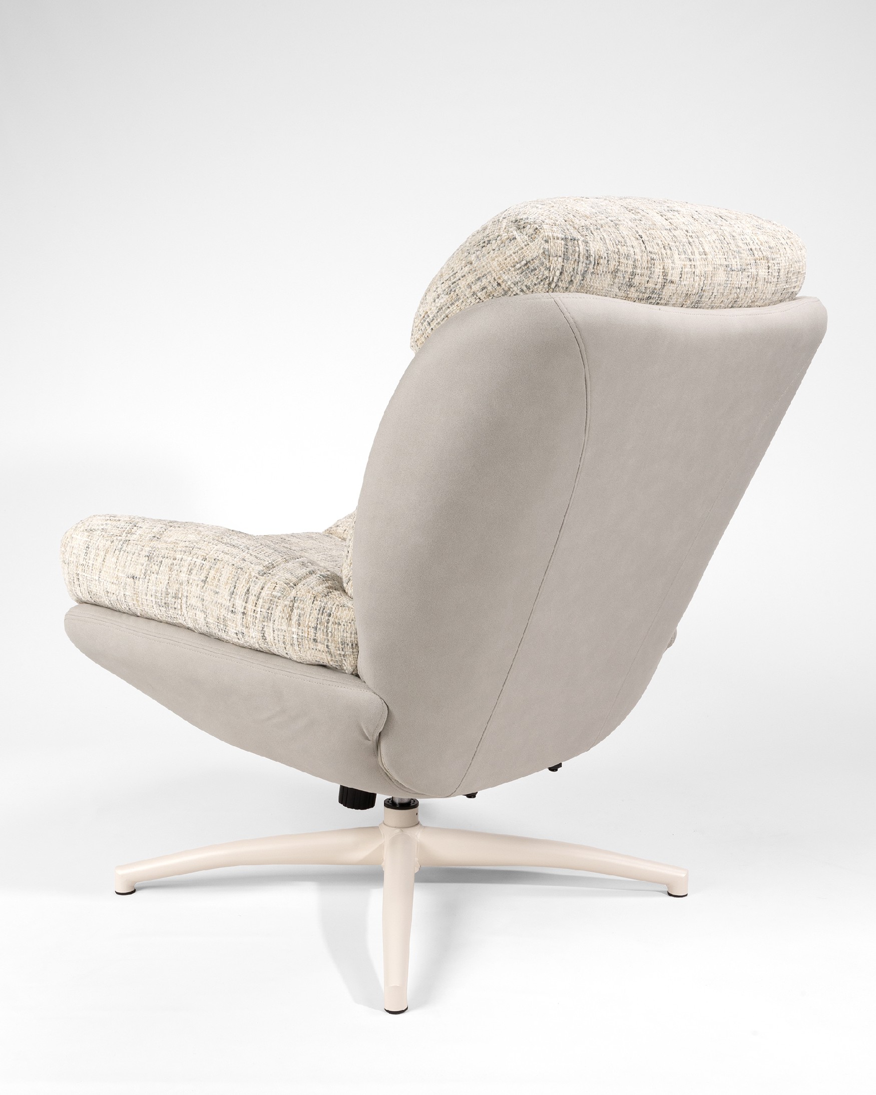 Velina armchair with pearl and cloud upholstery with ivory metal structure ottoman, 360° swivel rocking.
