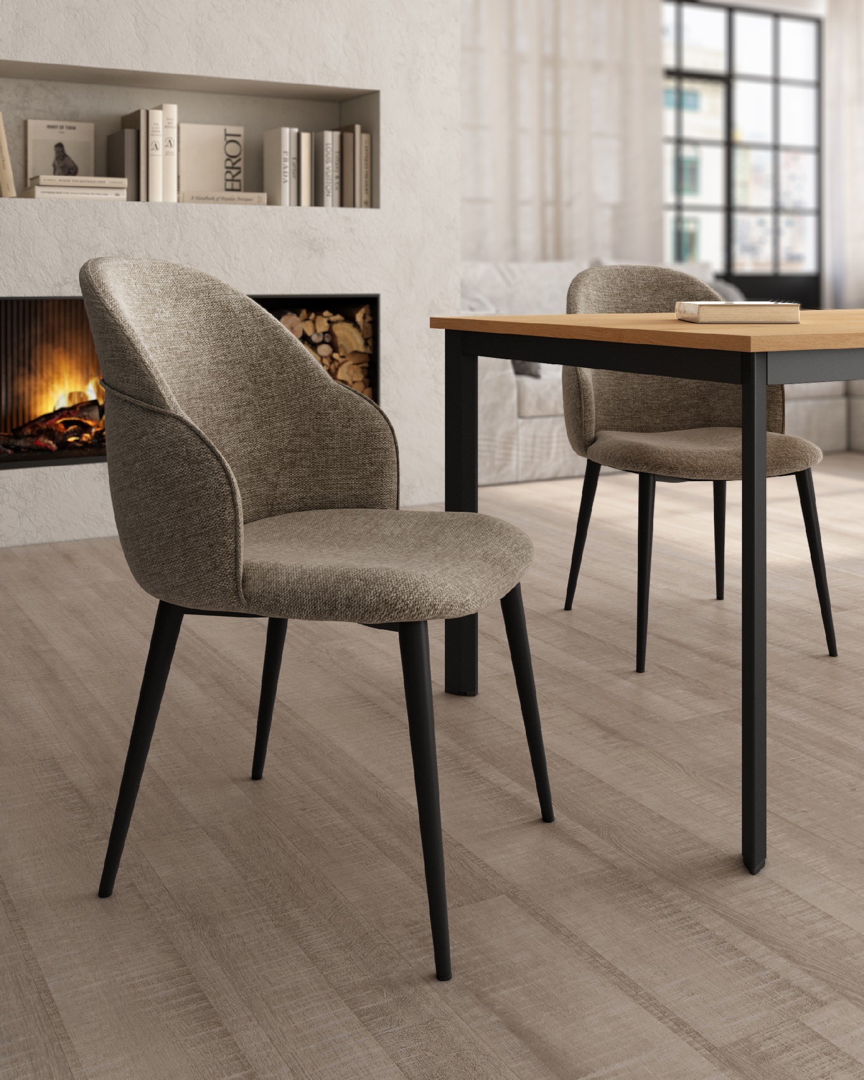 Venice chair with brown upholstery and black metal legs