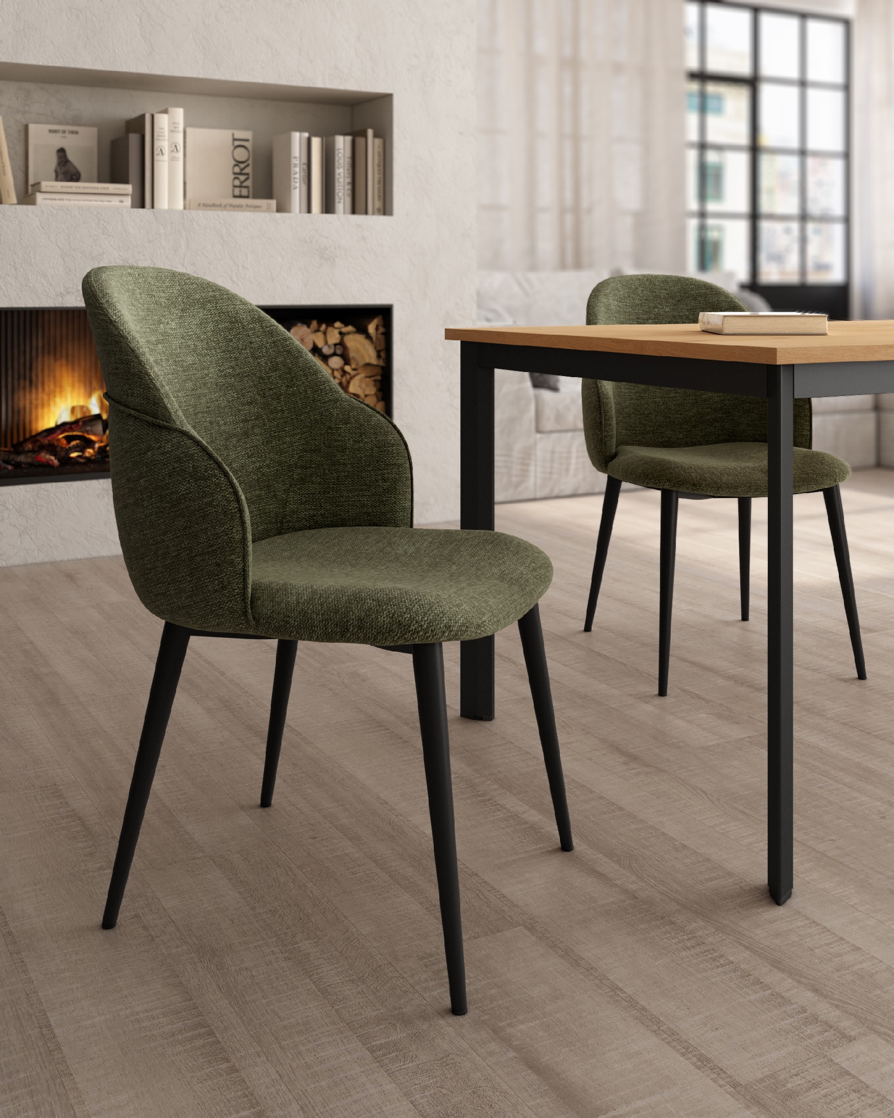 Chaise Venise avec un revêtement vert et des pieds métalliques noirs