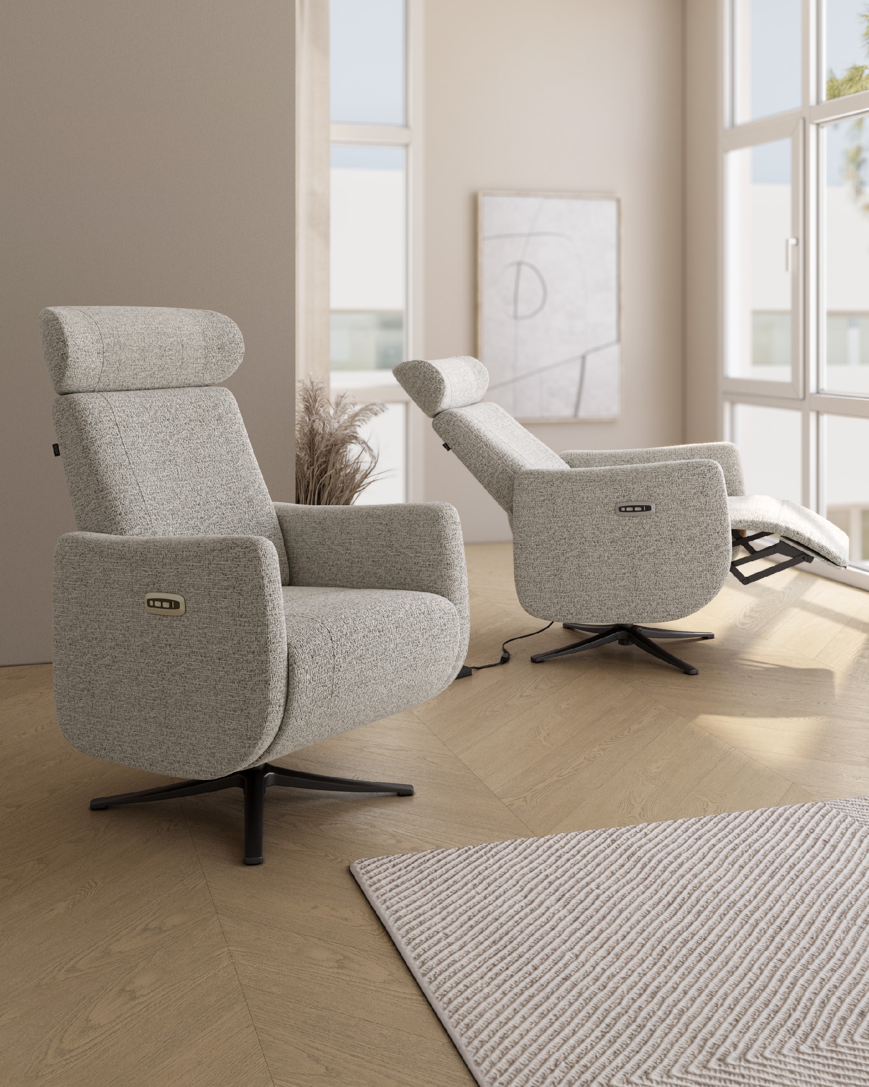 Vera electric reclining swivel armchair with patterned upholstery and black metal base (2 motors)