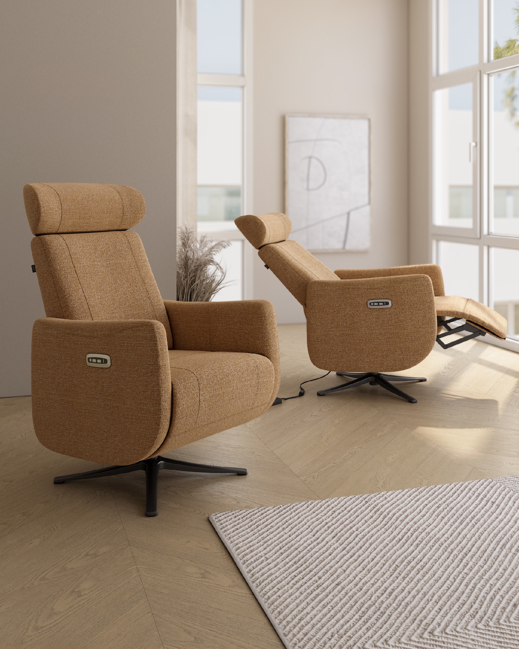 Vera electric swivel recliner with ochre upholstery and black metal base (2 motors)