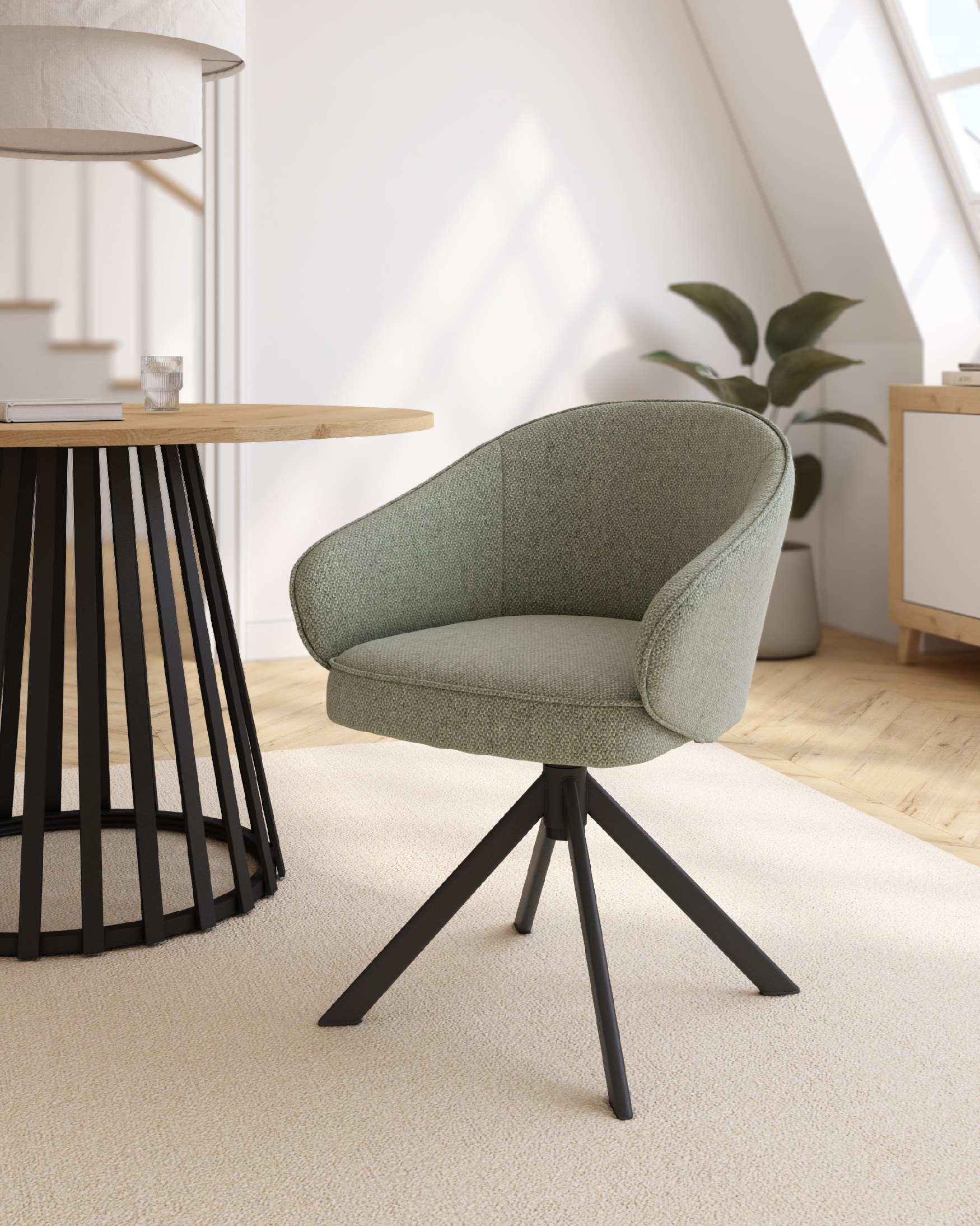 Silla Verona con tapizado verde y patas metálicas negras