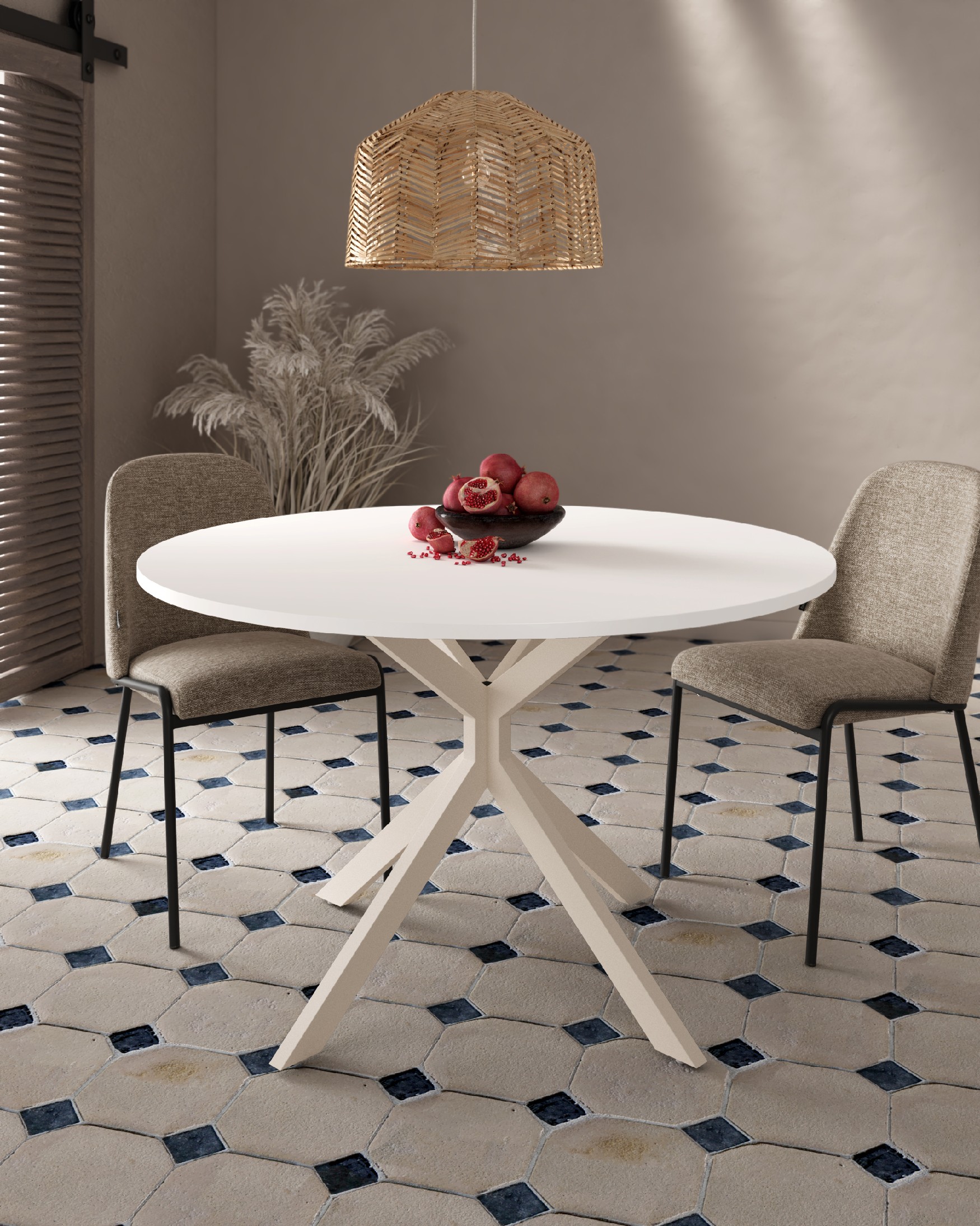 Mesa Waco redonda con sobre de melamina blanco extra y pata metálica marfil Ø 120 cm