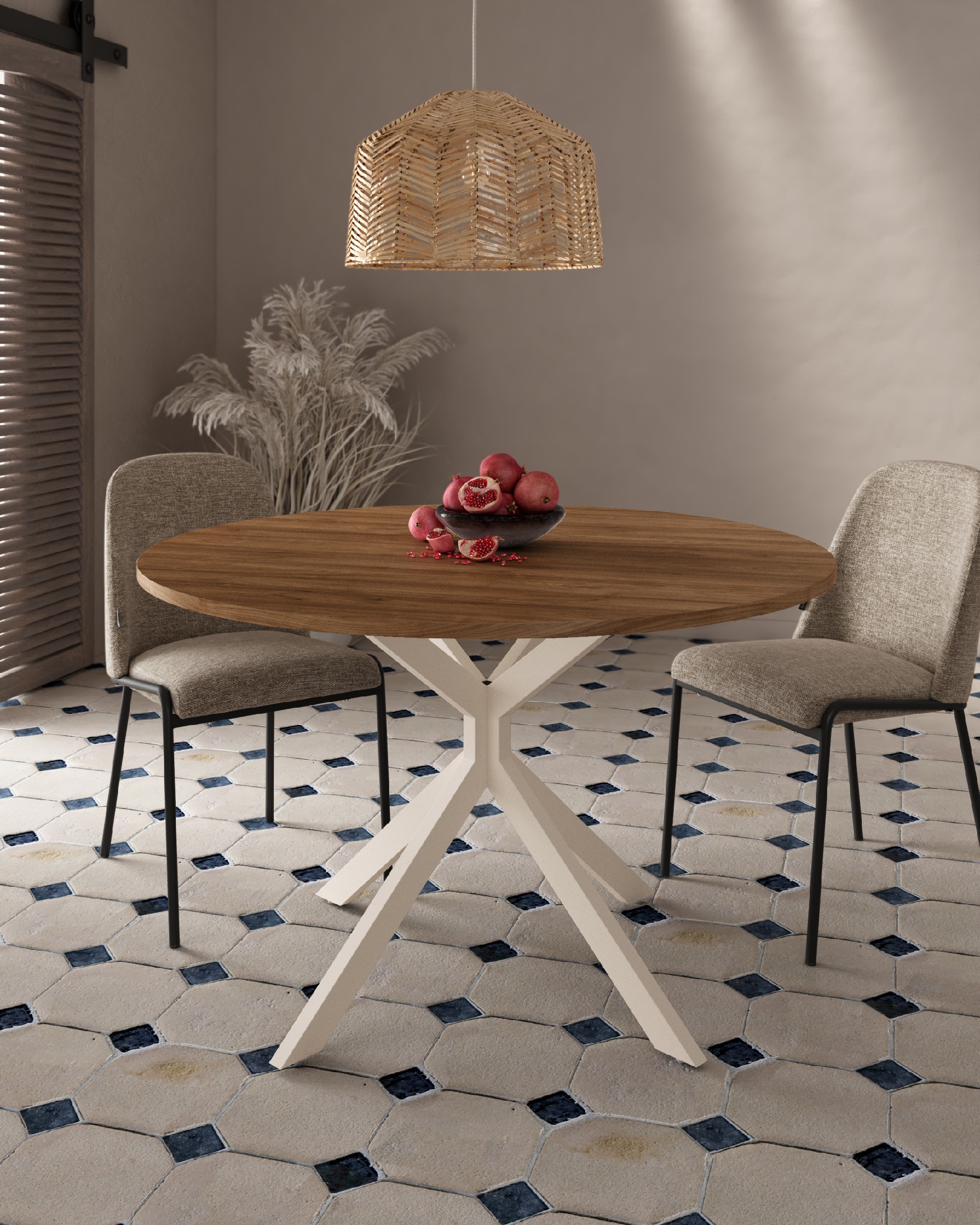 Table ronde Waco avec plateau en mélamine java et pied métallique ivoire Ø 120 cm
