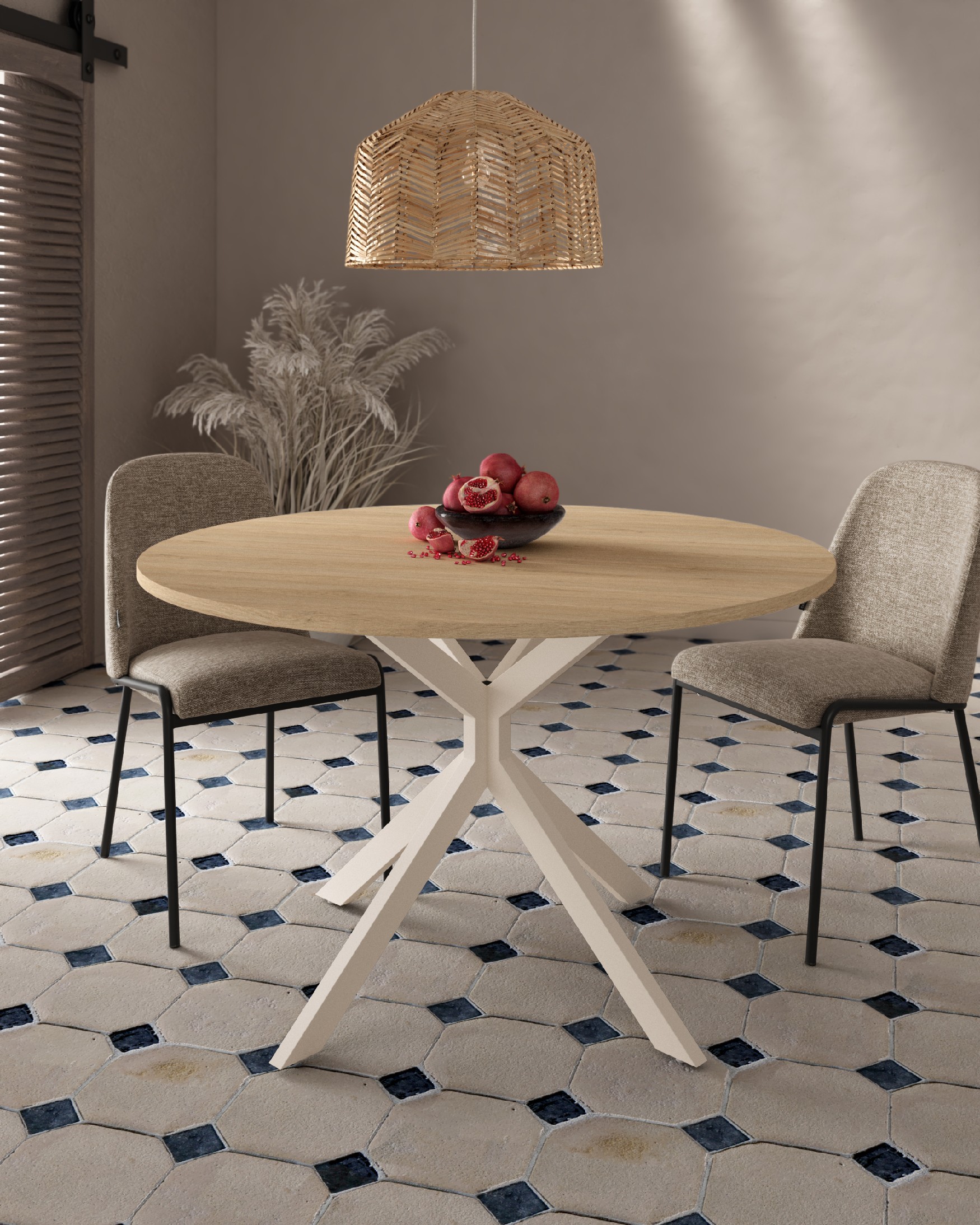 Table Waco ronde avec plateau en mélamine chêne naturel et pied métallique ivoire Ø 100 cm