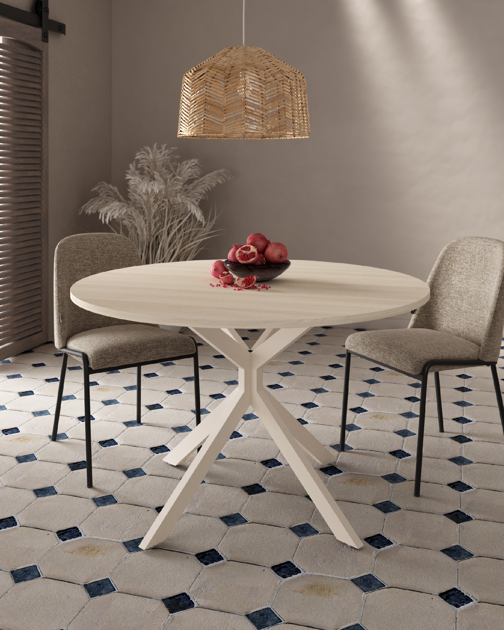 Mesa Waco redonda con sobre de melamina olmo y pata metálica marfil Ø 120 cm