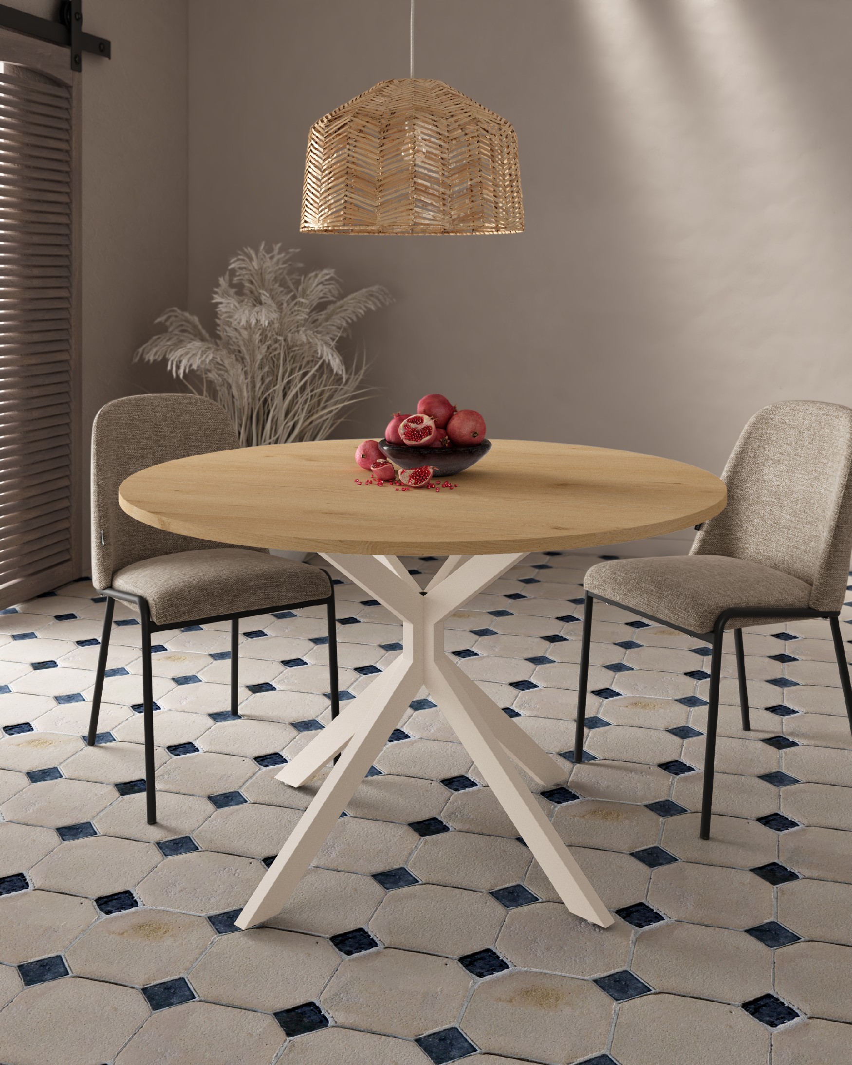 Mesa Waco redonda con sobre de melamina roble y pata metálica marfil Ø 120 cm