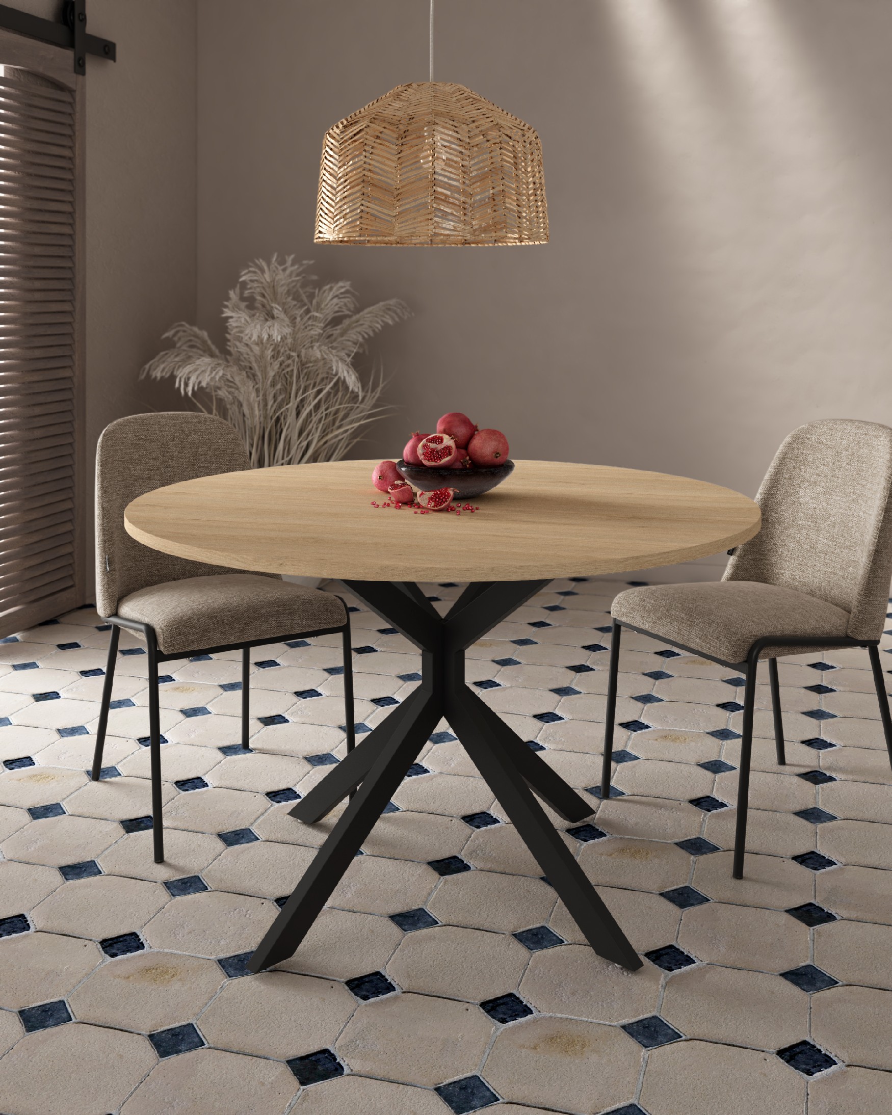 Mesa Waco redonda con sobre de melamina roble natural y pata metálica negra Ø 100 cm