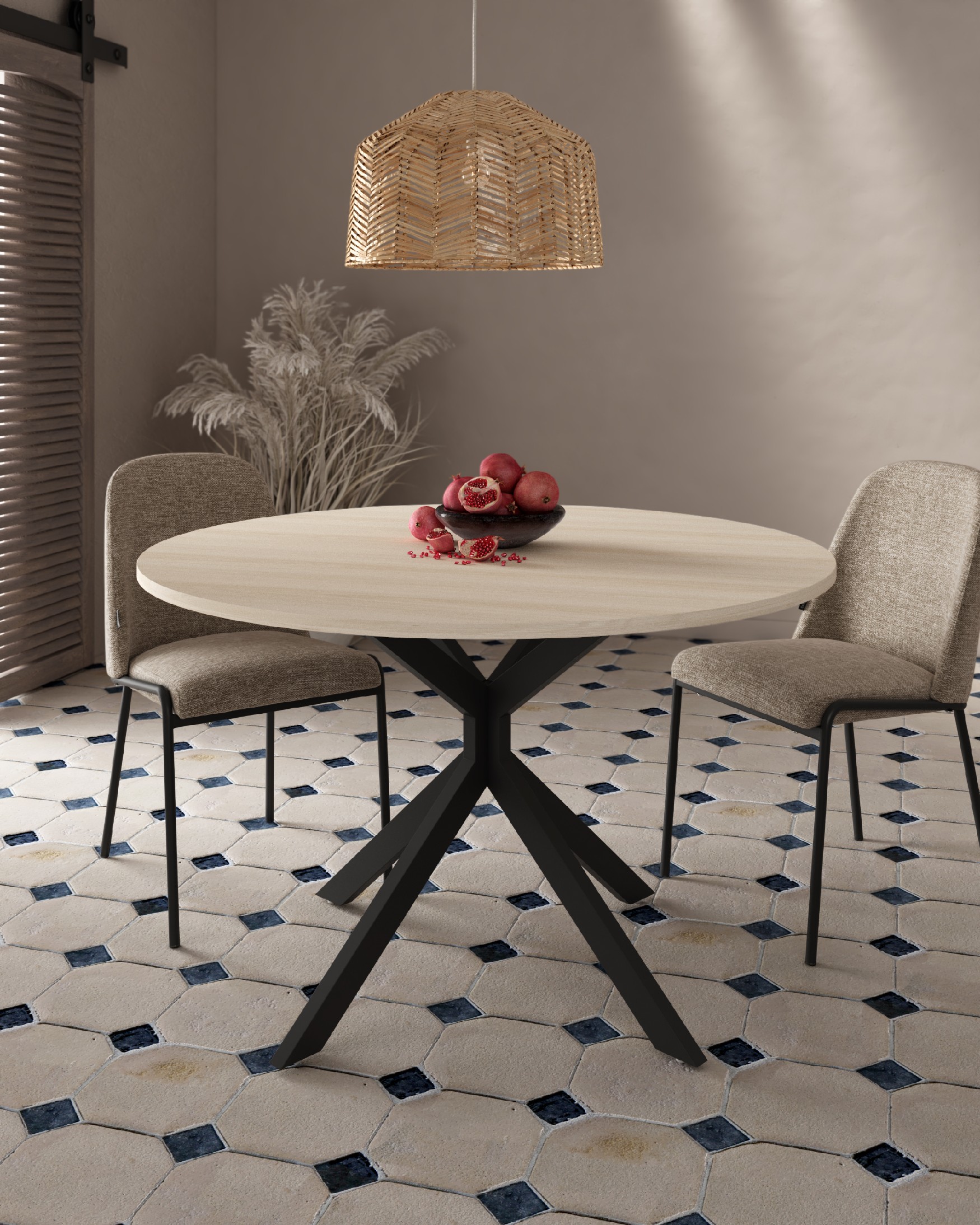 Waco round table with oak melamine top and black metal leg Ø 120 cm