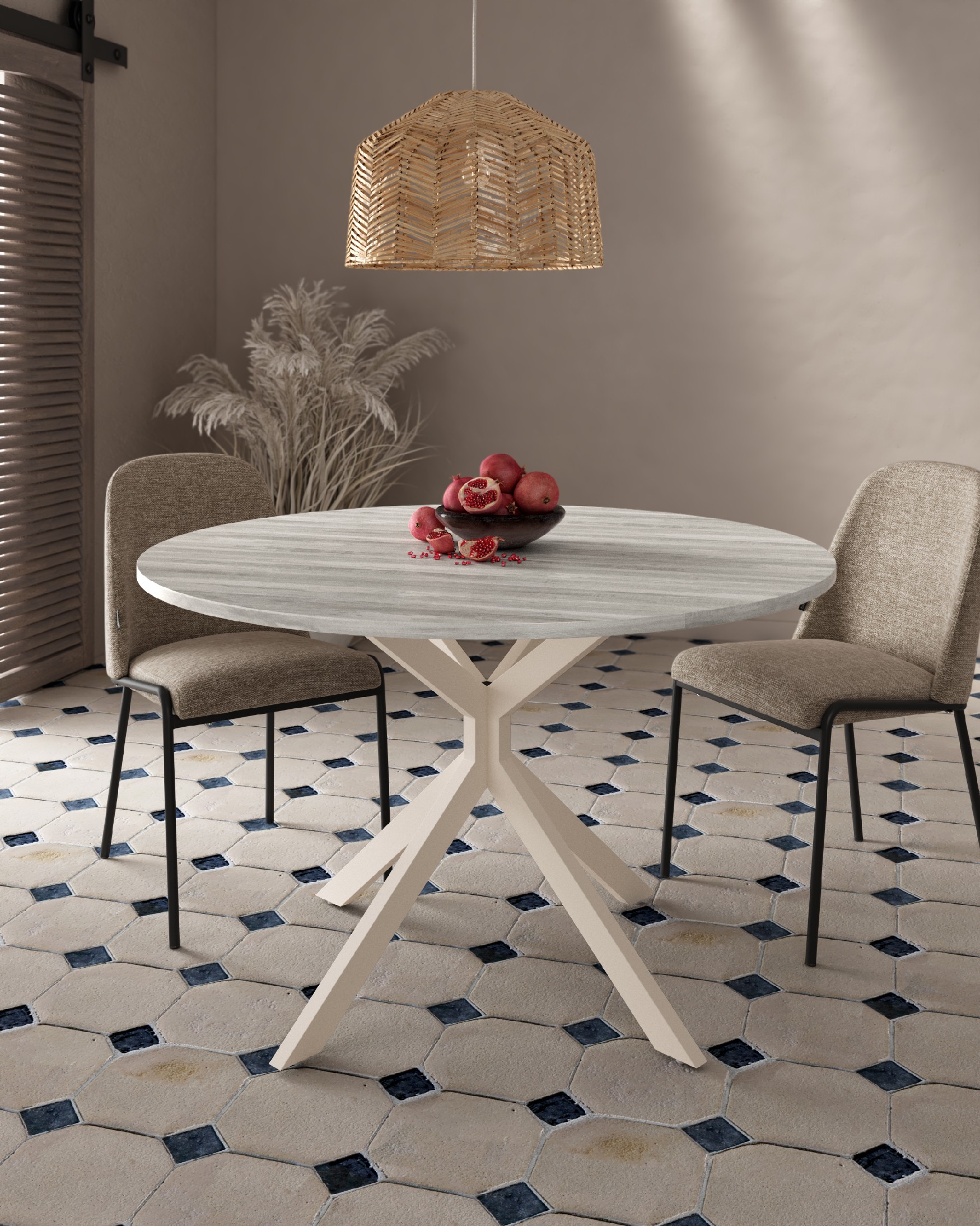 Table Waco ronde avec plateau en mélamine artic et pied en métal ivoire Ø 100 cm