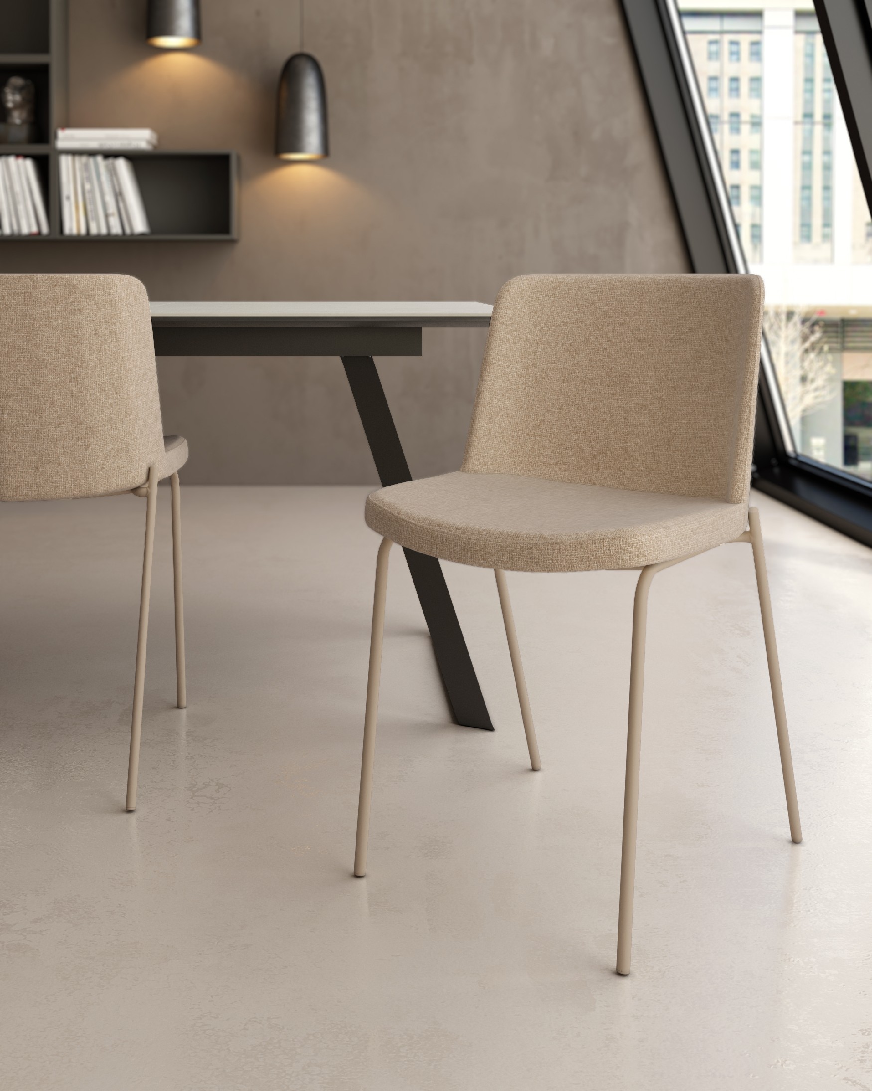 York chair with cream upholstery and matching metal legs