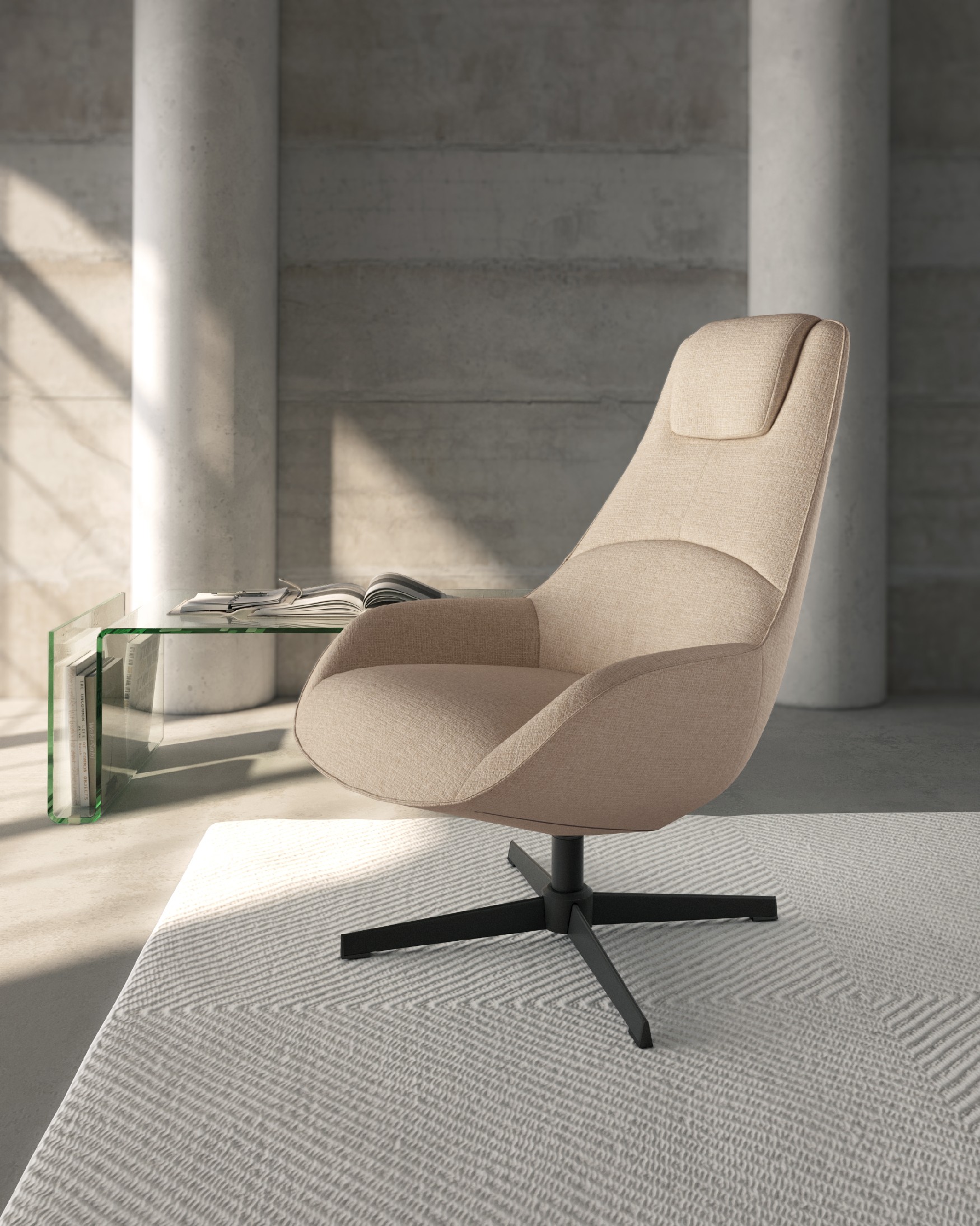 Fauteuil Yuca avec rembourrage crème et pieds en métal noir, pivotant à 360°