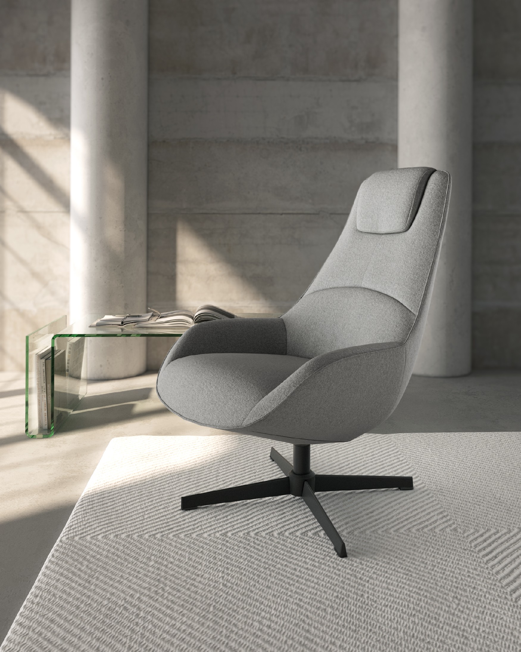 Fauteuil Yuca avec rembourrage gris et pied en métal noir, pivotant à 360°