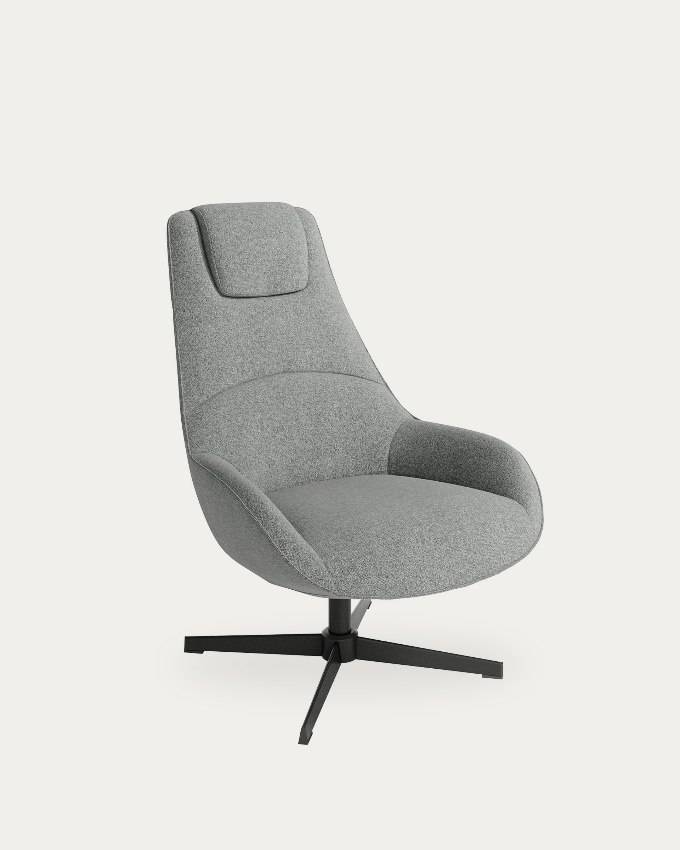 Yuca armchair with gray upholstery and black metal legs, 360° swivel