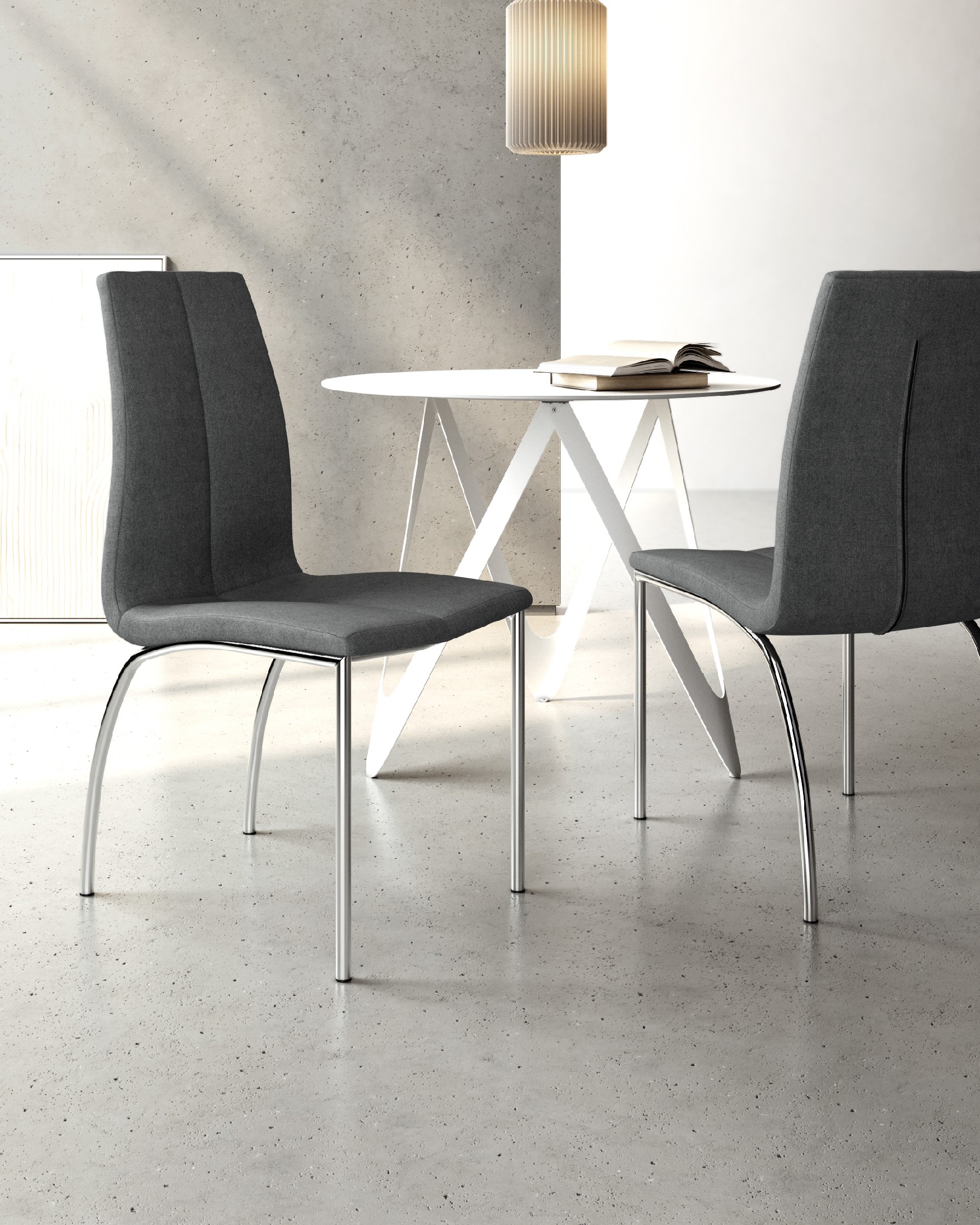 Zagreb chair with dark upholstery and chrome legs