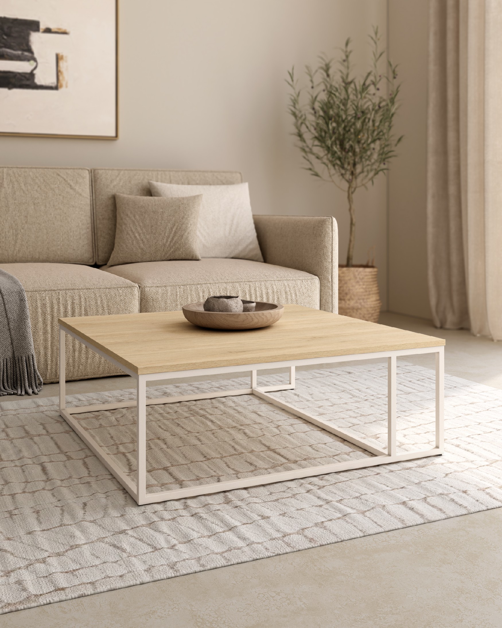 Table d'appoint Zenit avec plateau en mélamine chêne naturel et pied métallique ivoire 80 x 80 cm