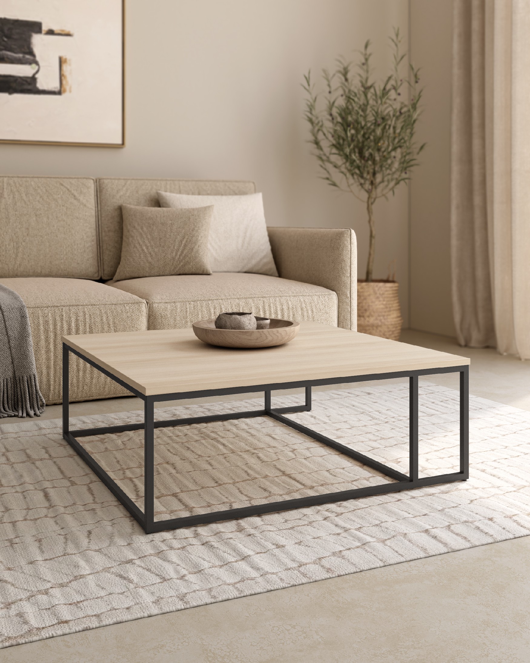 Zenit side table with oak melamine top and black metal leg 80 x 80 cm