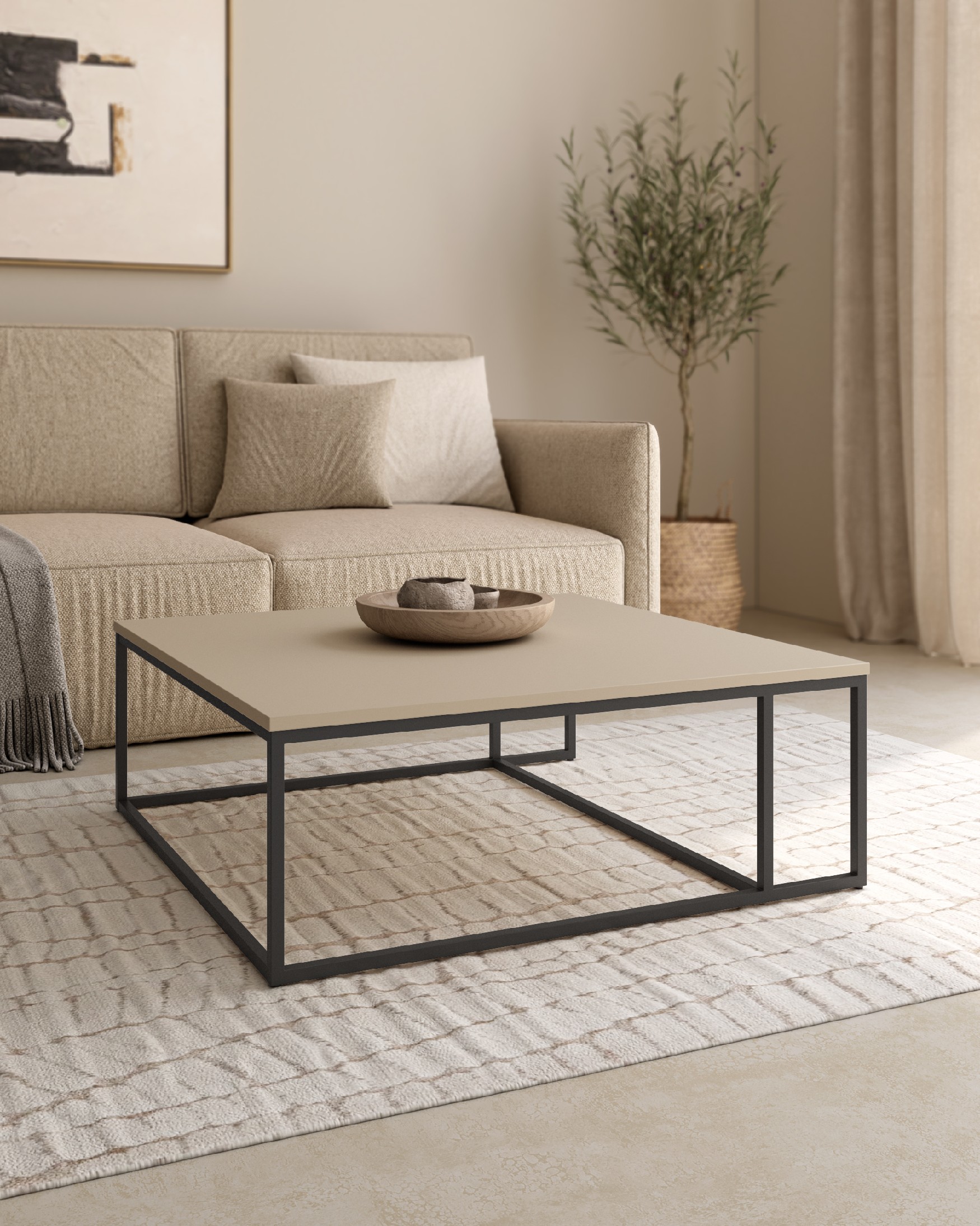 Zenit side table with pearl melamine top and black metal leg 80 x 80 cm