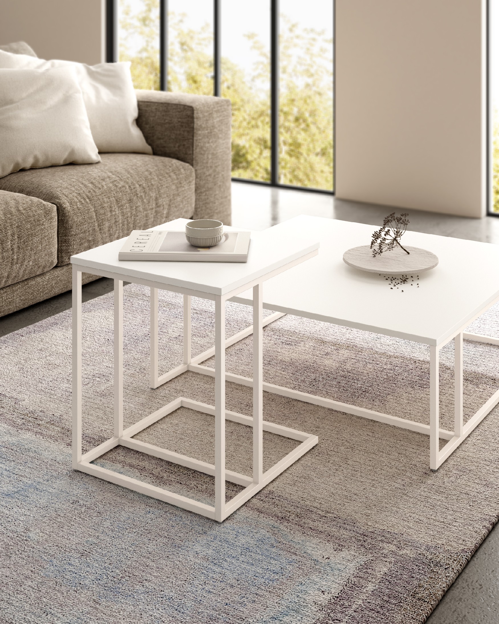 Zenit low side table with extra white melamine top and ivory metal leg 40 x 40 cm
