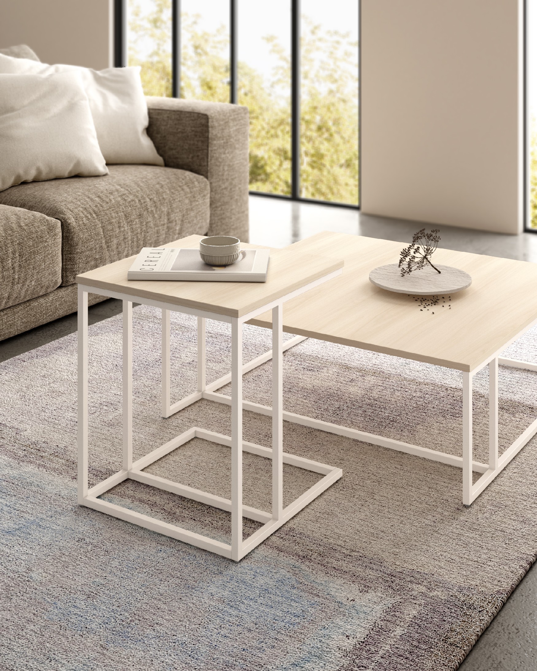 Zenit low side table with elm melamine top and ivory metal leg 40 x 40 cm