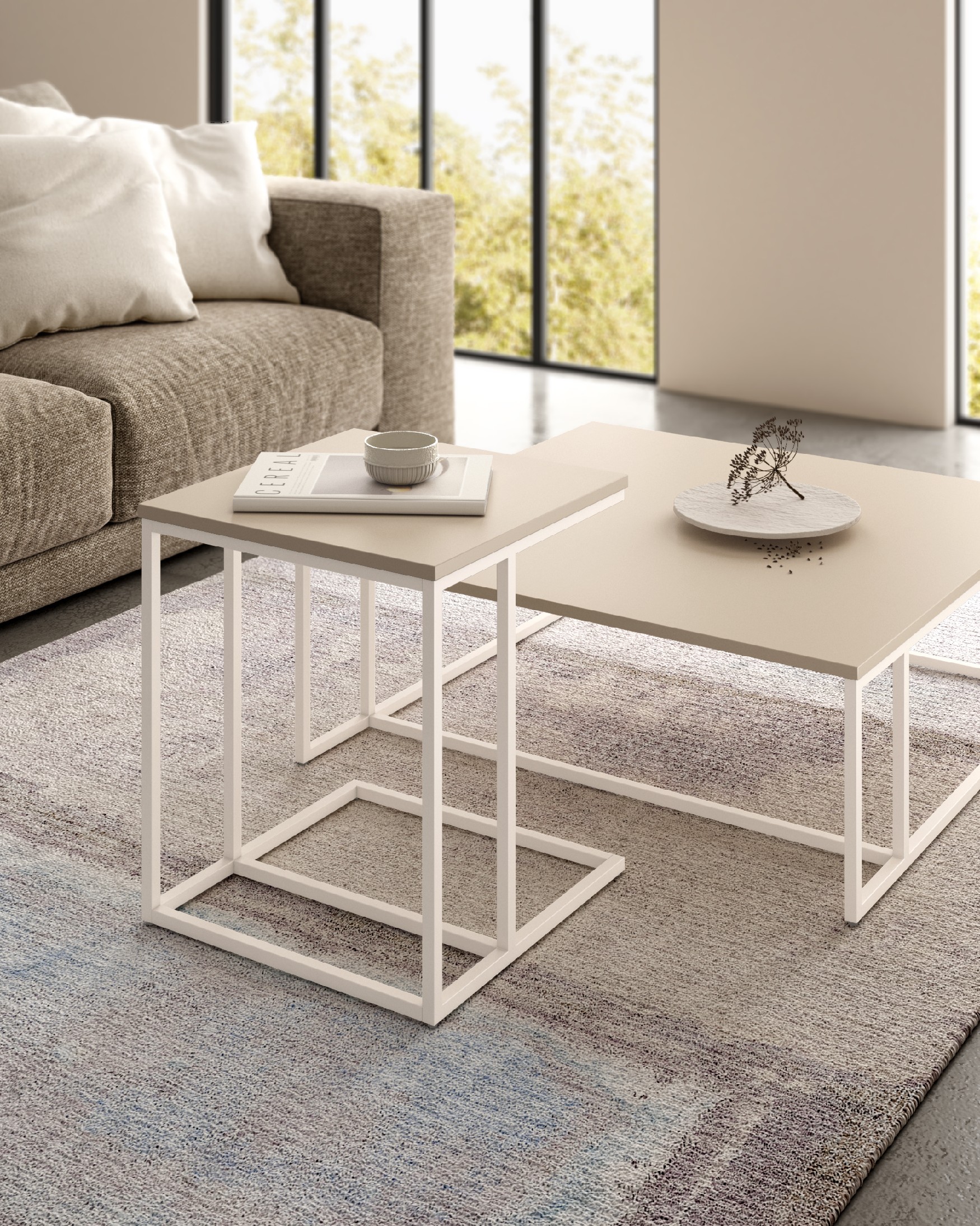 Table d'appoint Zenit basse avec plateau en mélamine perle et pied métallique ivoire 40 x 40 cm