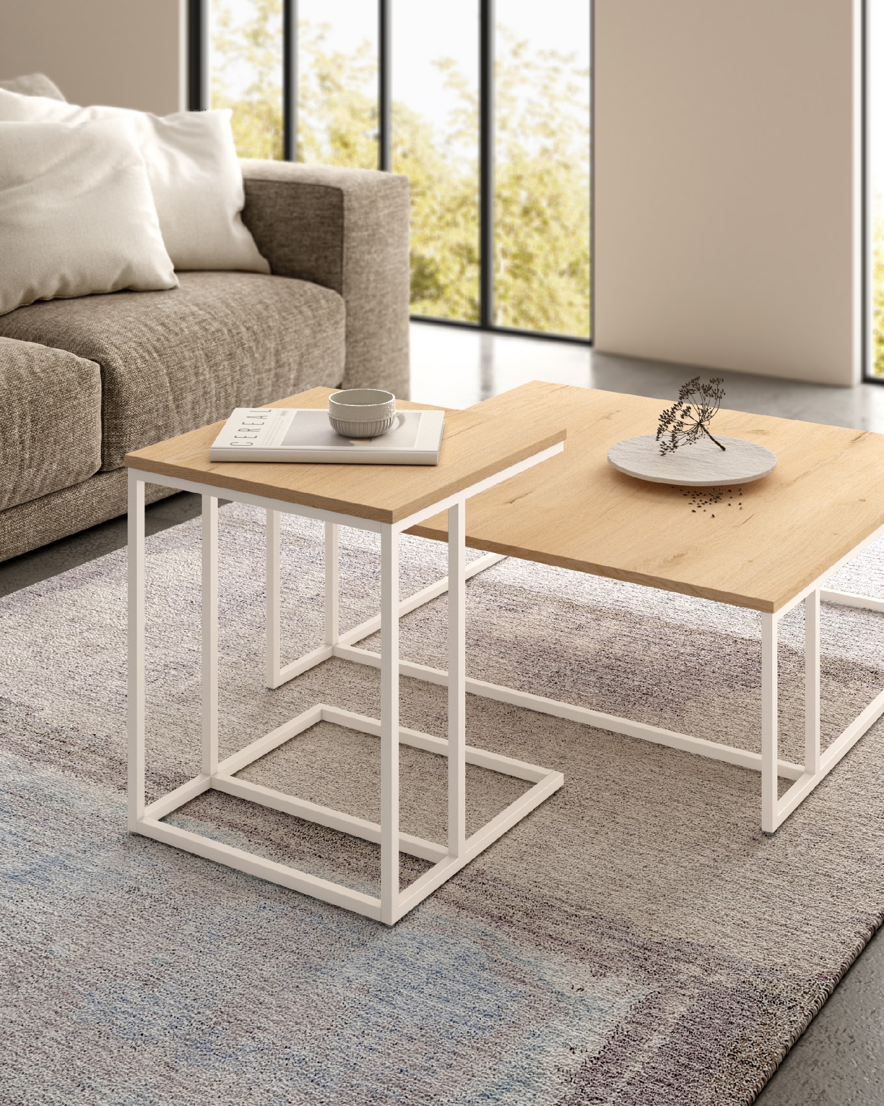 Zenit low side table with oak melamine top and ivory metal leg 40 x 40 cm