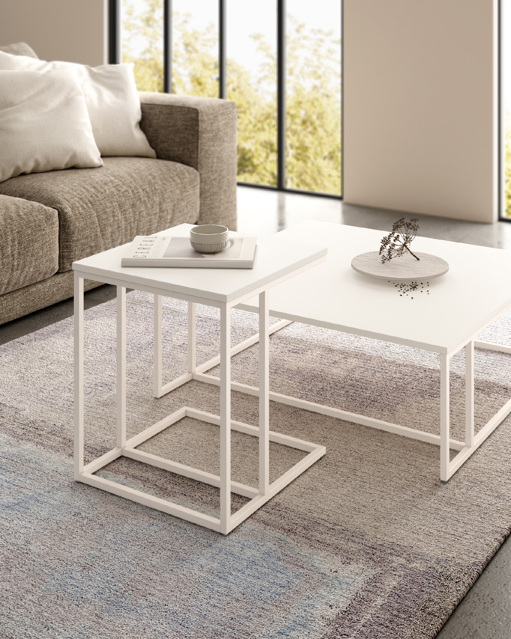 Mesa auxiliar Zenit baja con sobre de melamina soul blanco y pata metálica marfil 40 x 40 cm
