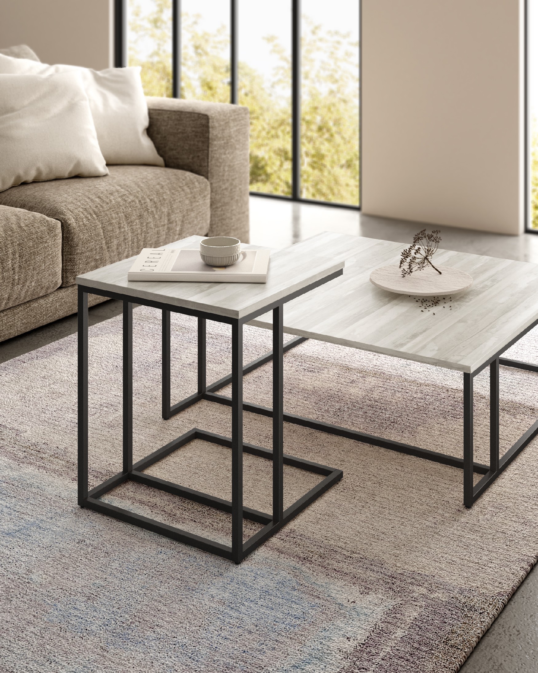 Zenit low side table with artic melamine top and black metal leg 40 x 40 cm