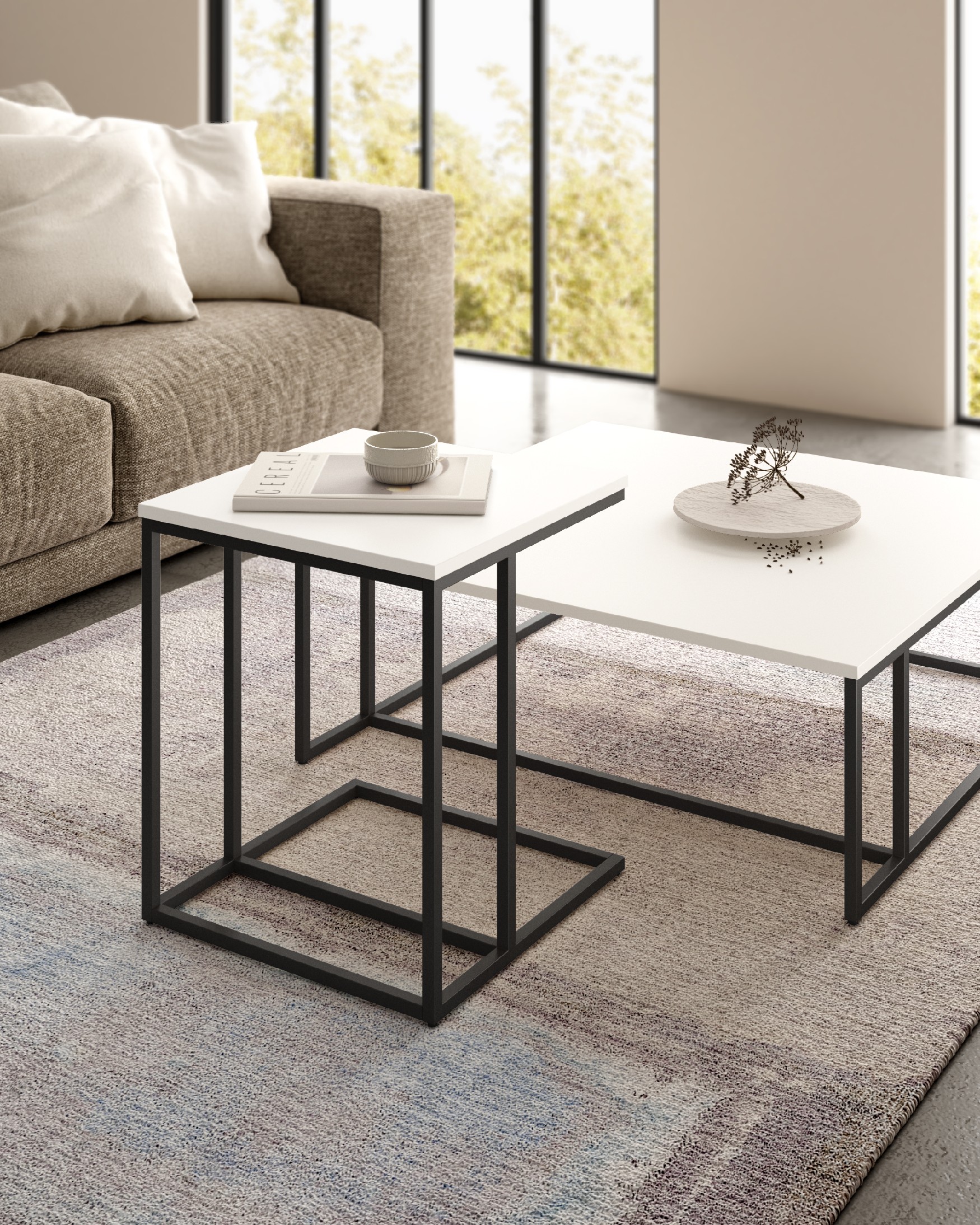 Table d'appoint Zenit basse avec plateau en mélamine blanc extra et pied métallique noir 40 x 40 cm